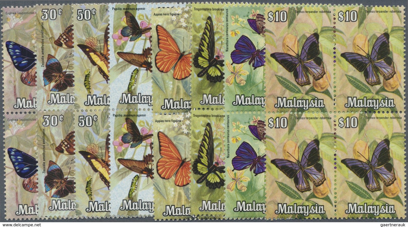 ** Malaysia: 1970, Butterflies Complete Set Of Eight From Bradbury And Harrison Printings All In Blocks - Malaysia (1964-...)