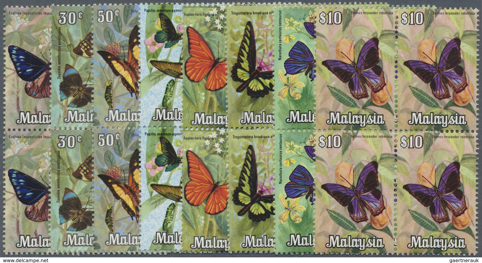 ** Malaysia: 1970, Butterflies Complete Set Of Eight From Bradbury And Harrison Printings All In Blocks - Malaysia (1964-...)