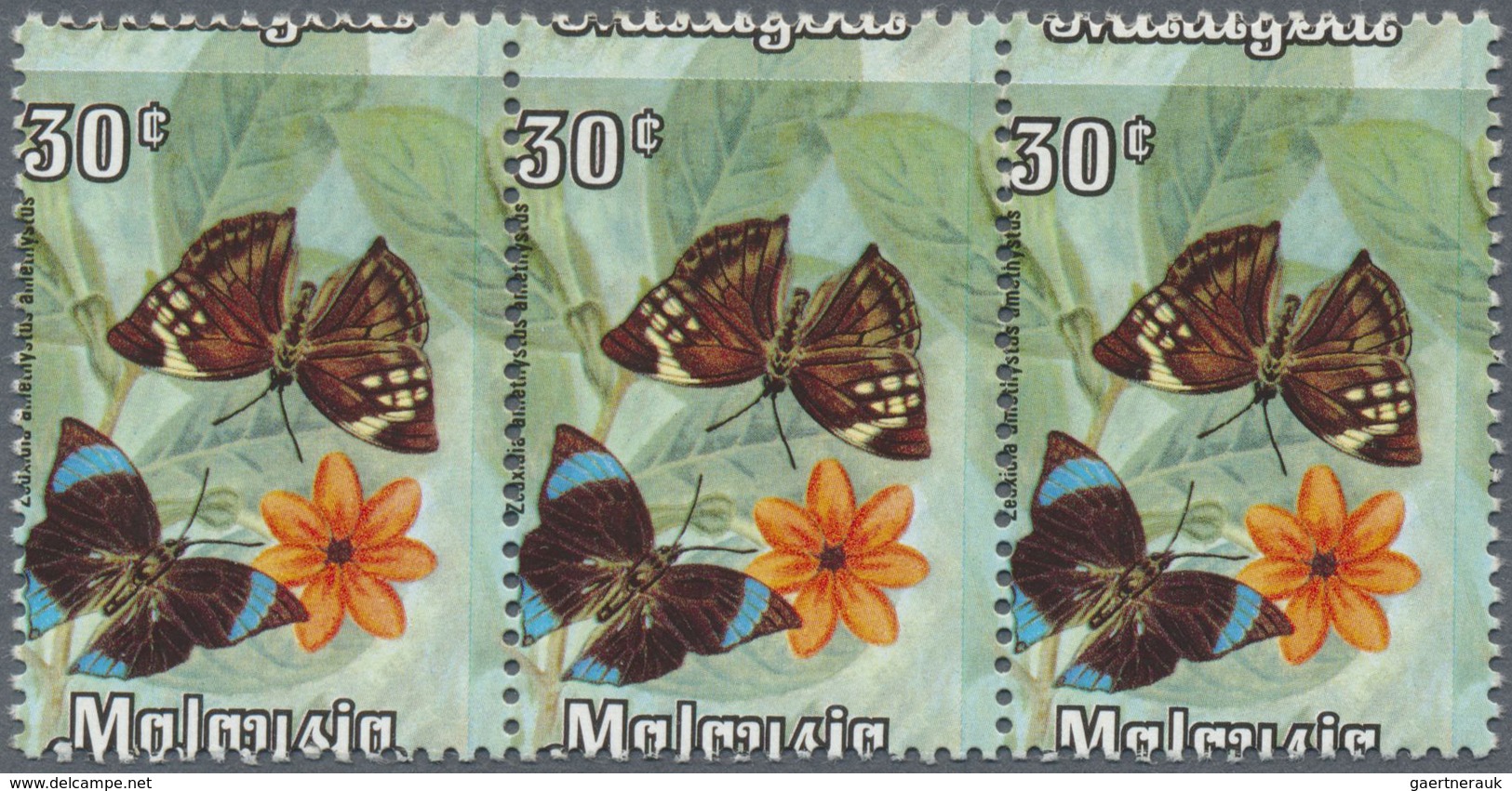 ** Malaysia: 1970, Butterflies 30c. 'Zeuxidia Amethystus Amethystus' Horizontal Strip Of Three With Hor - Maleisië (1964-...)