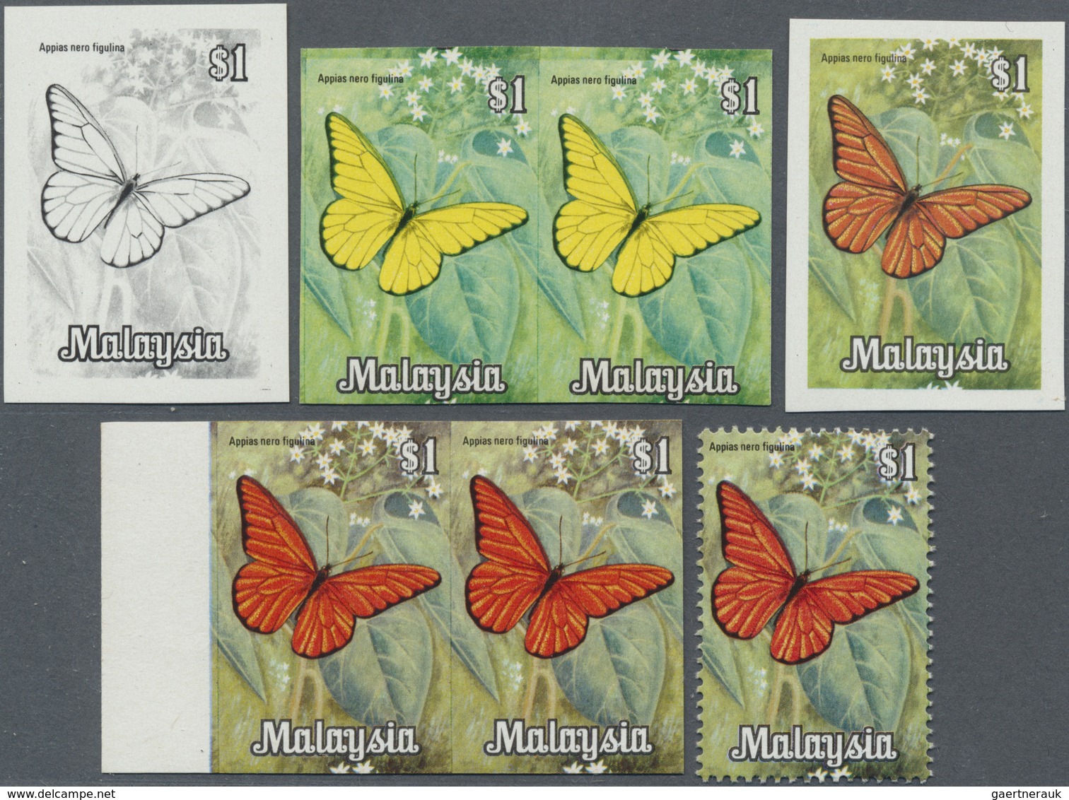 ** Malaysia: 1970, Butterflies $1 'Appias Nero Figulina' Horizontal Imperforate PROGRESSIVE PROOF Pair - Maleisië (1964-...)