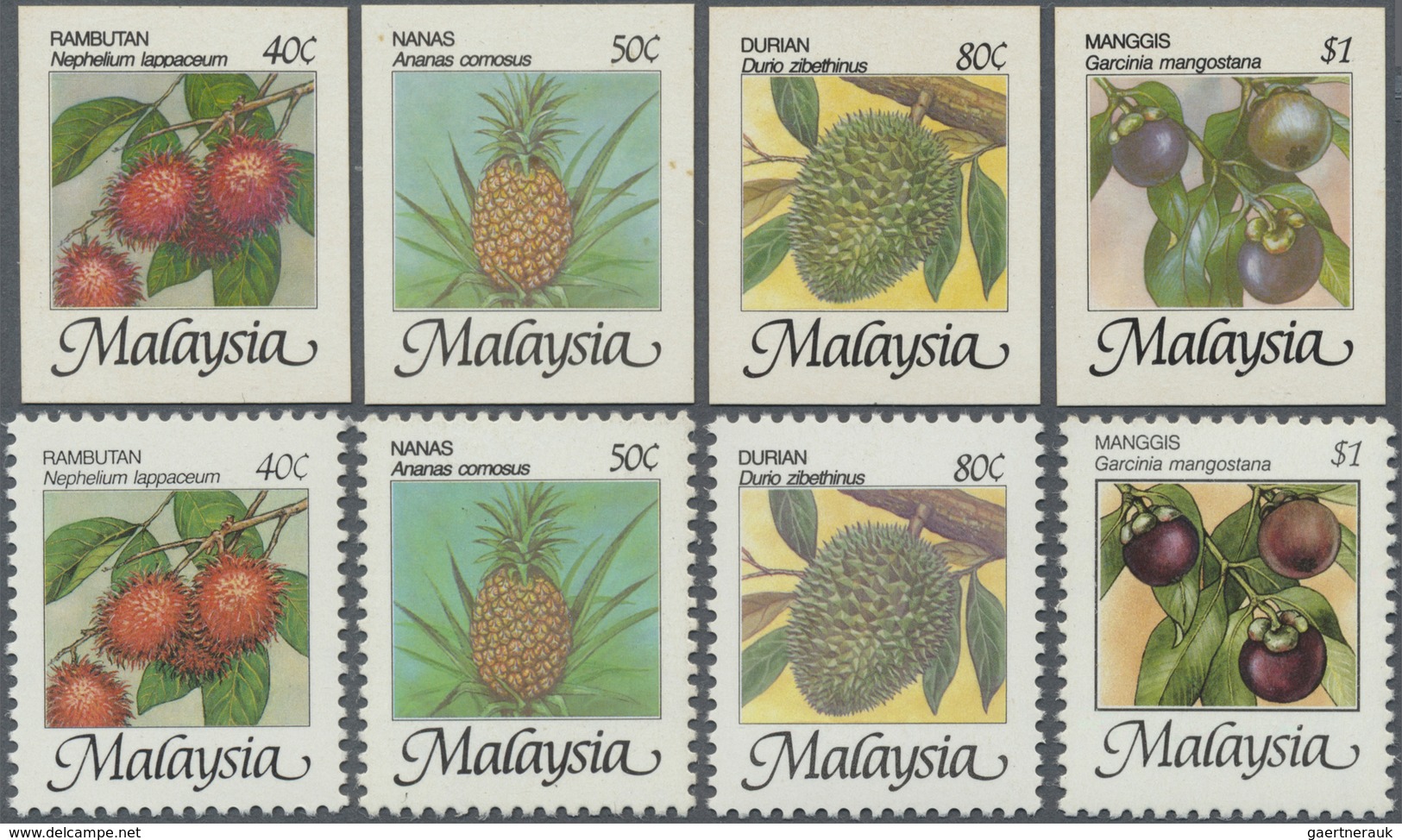 ** Malaysia: 1986, Fruits Four Different Stamps 40c. To $1 In IMPERFORATE PROOFS In Issued Colours And - Maleisië (1964-...)