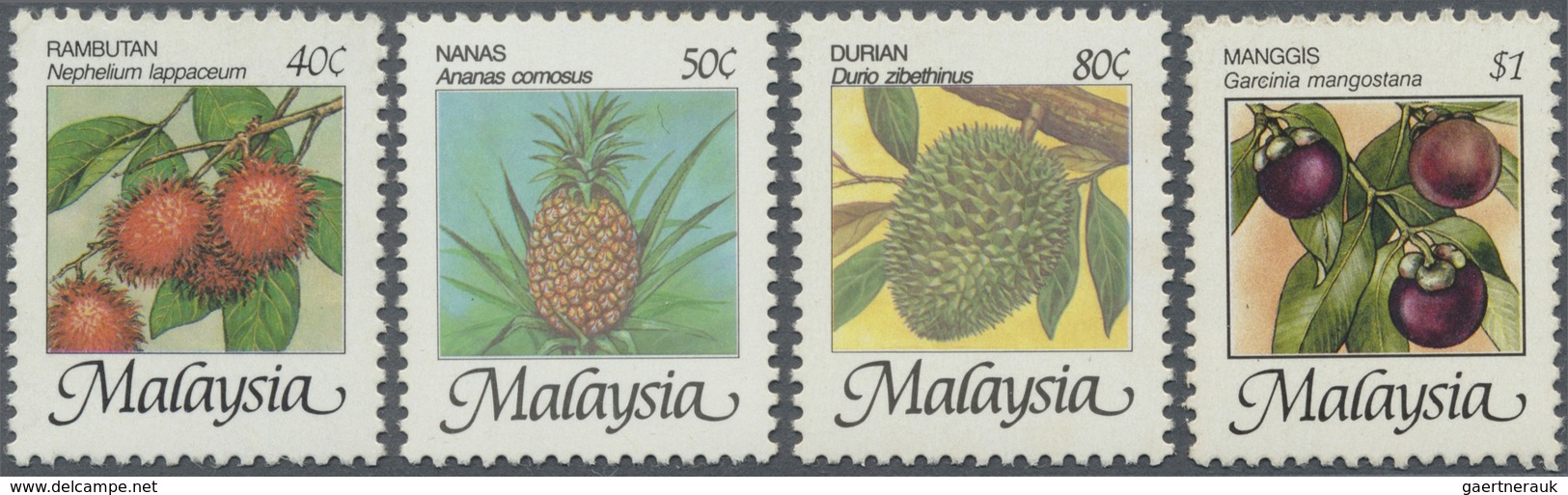 ** Malaysia: 1986, Fruits Four Different Stamps 40c. To $1 In IMPERFORATE PROOFS With Smaller Descripti - Maleisië (1964-...)