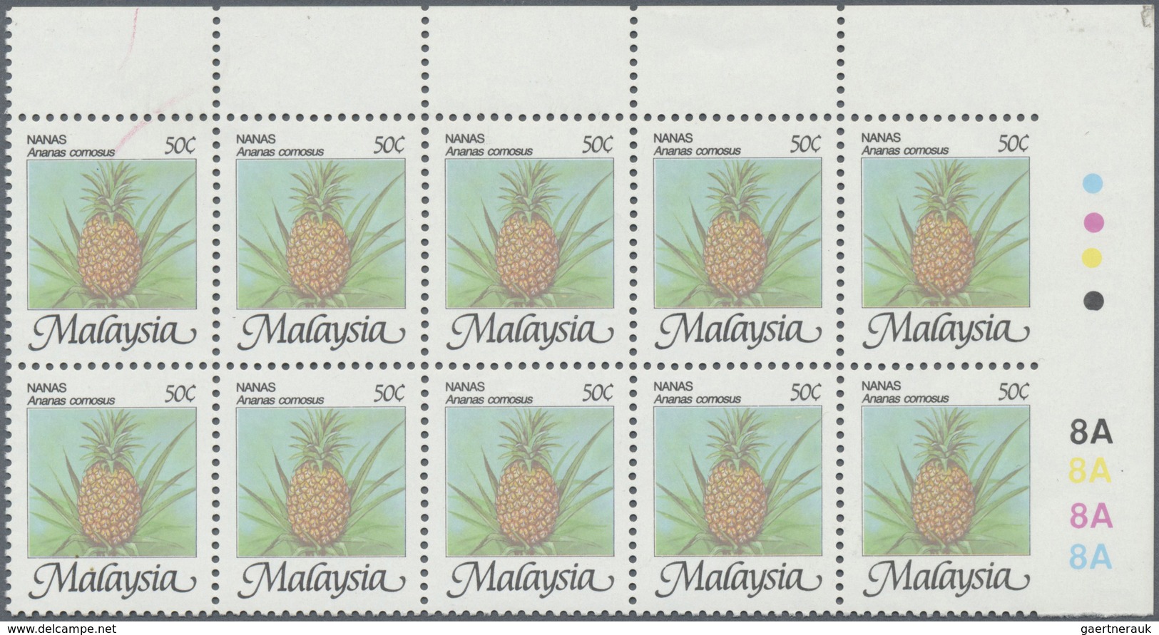 ** Malaysia: 1986, Fruits 50c. 'Pineapple' (Ananas Comosus) Block Of Ten From Upper Right Corner IMPERF - Malaysia (1964-...)