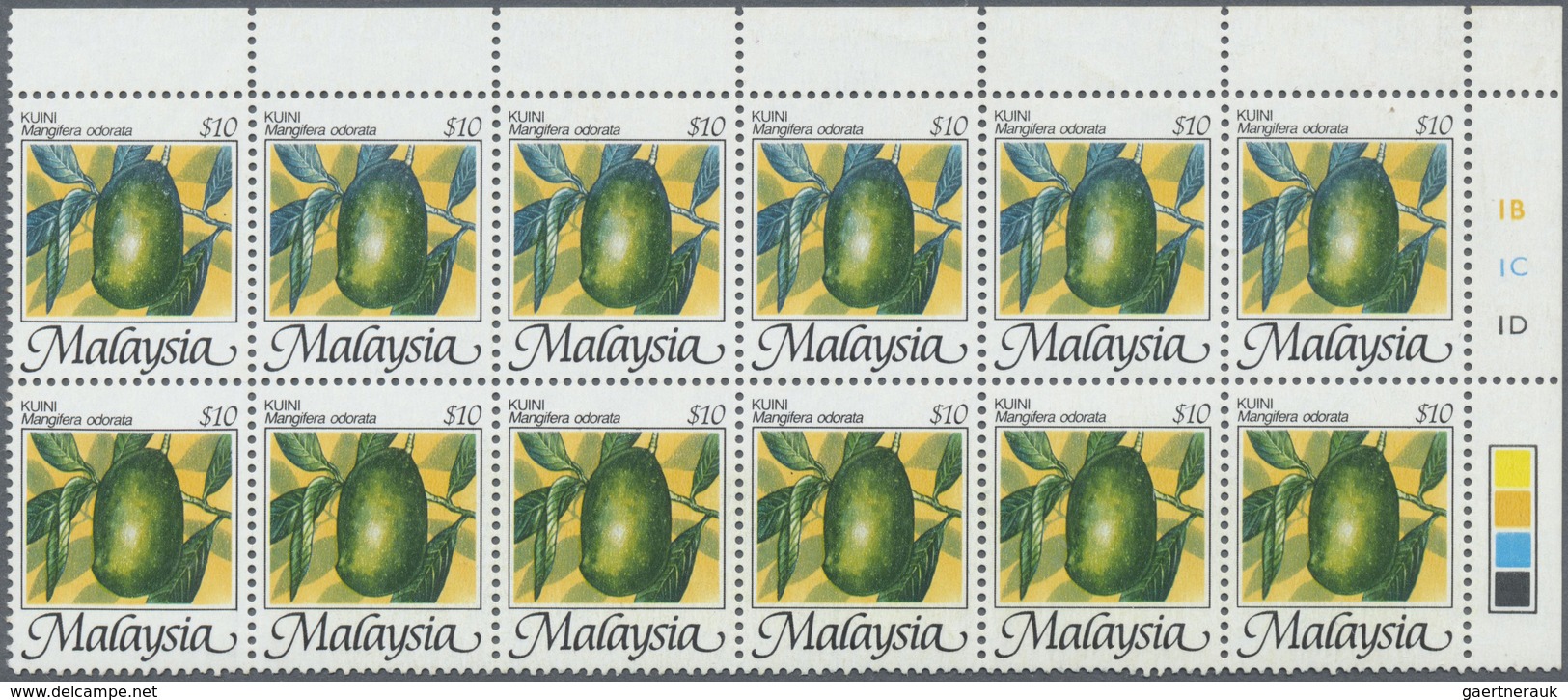 ** Malaysia: 1986, Fruits $10 'Papaya' (Carica Papaya) Block Of 12 From Upper Right Corner With Partly - Maleisië (1964-...)