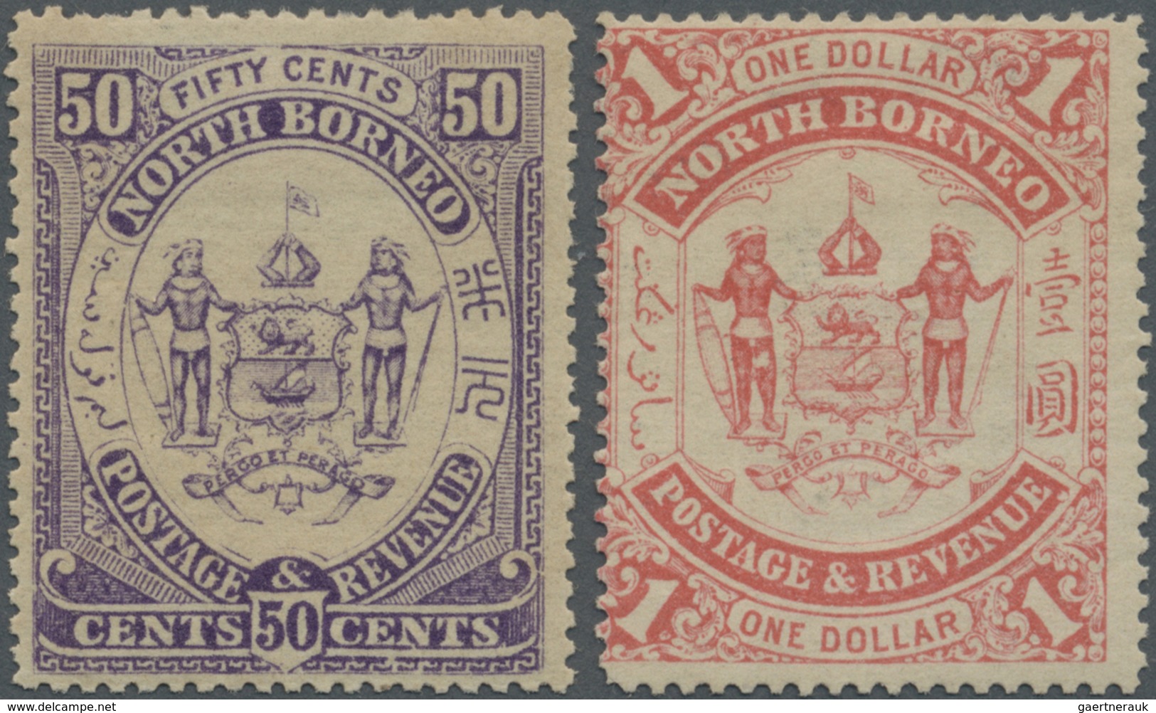 * Nordborneo: 1883, Coat Of Arms 50c. Violet And $1 Scarlet Both Mint Hinged And The $1 Signed Diena, - North Borneo (...-1963)