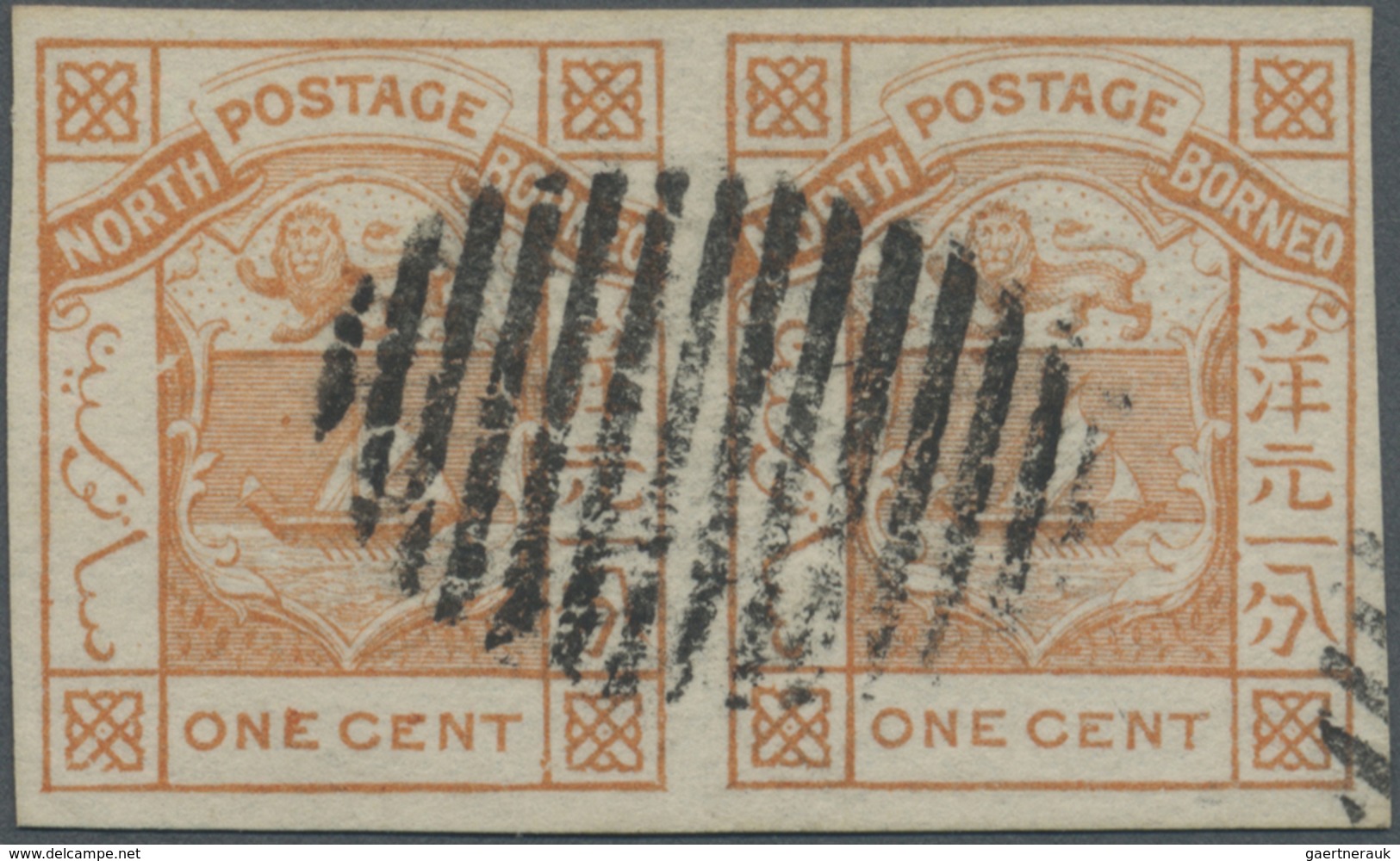 O Nordborneo: 1886, Coat Of Arms 1c. Orange IMPERFORATE Horizontal Pair Fine Used With Barred Cancel, - North Borneo (...-1963)