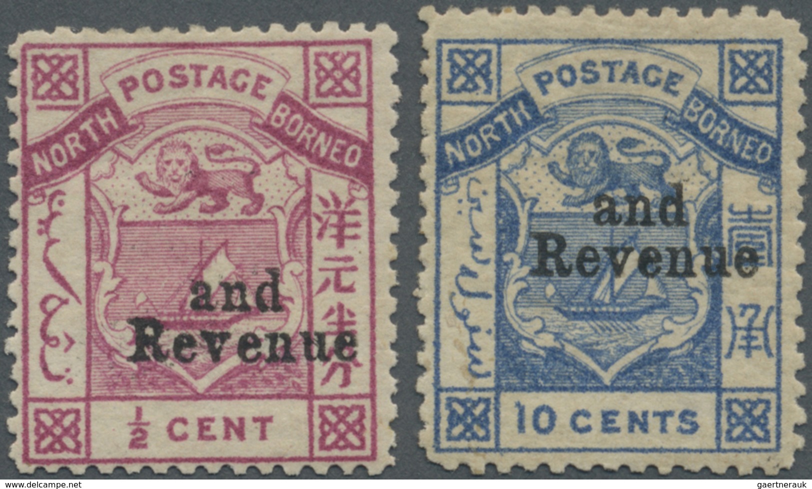 * Nordborneo: 1886, Coat Of Arms ½c. Magenta And 10c. Blue Both With Black Opt. 'and Revenue', Mint Hi - Noord Borneo (...-1963)