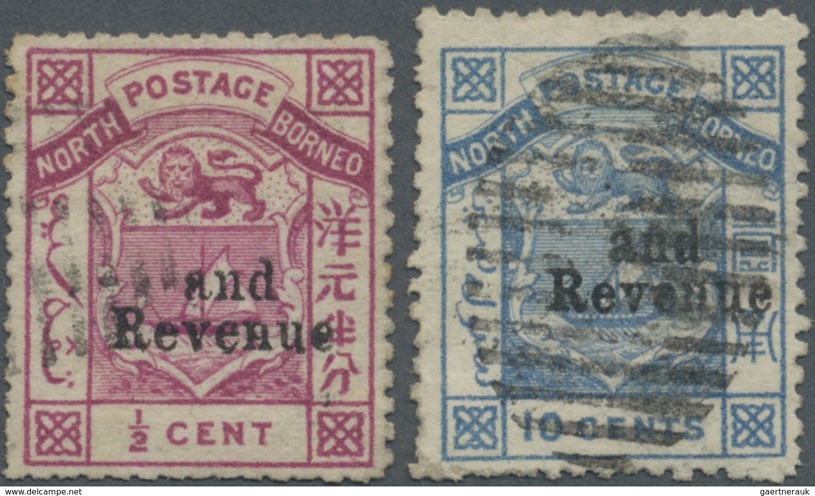 O Nordborneo: 1886, Coat Of Arms ½c. Magenta And 10c. Blue Both With Black Opt. 'and Revenue' Fine Use - Noord Borneo (...-1963)