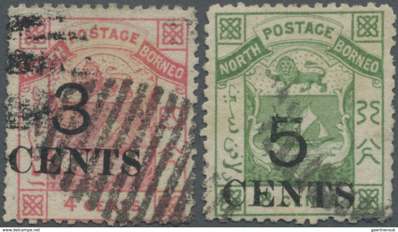 O Nordborneo: 1886, Coat Of Arms 4c. Pink Surch. '3 CENTS' And 8c. Green Surch. '5 CENTS' Both Perf. 1 - Noord Borneo (...-1963)