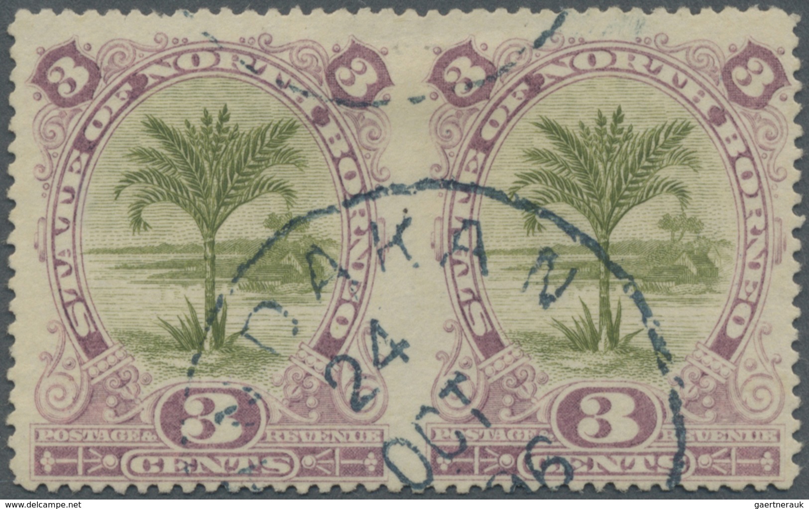 O Nordborneo: 1894 3c. Olive-green & Dull Purple Horizontal Pair, IMPERFORATED BETWEEN, Neatly Cancell - North Borneo (...-1963)