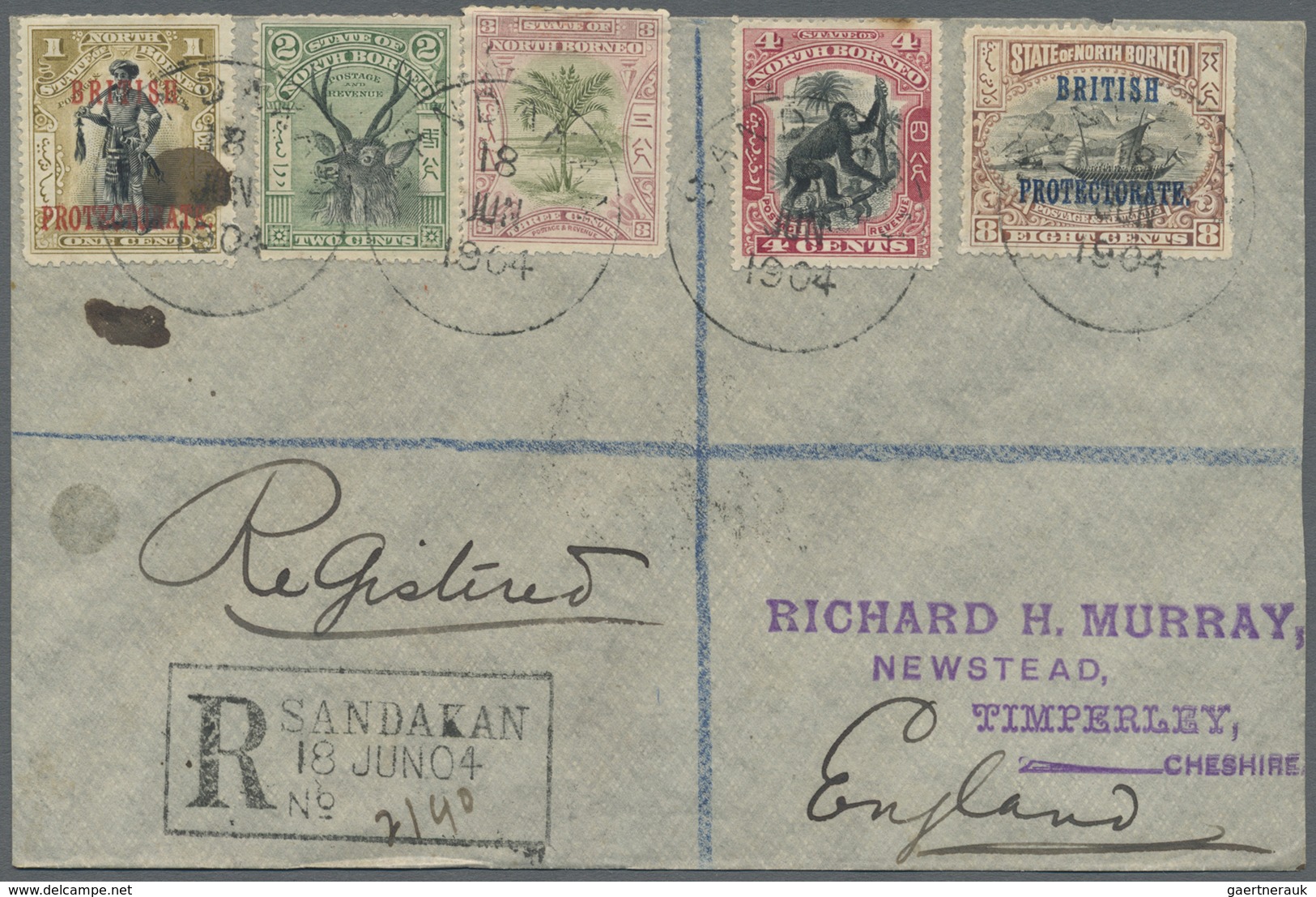 Br Nordborneo: 1904. Registered Envelope To England Bearing SG 95, 2c Black And Green, SG 97, 3c Green - Noord Borneo (...-1963)