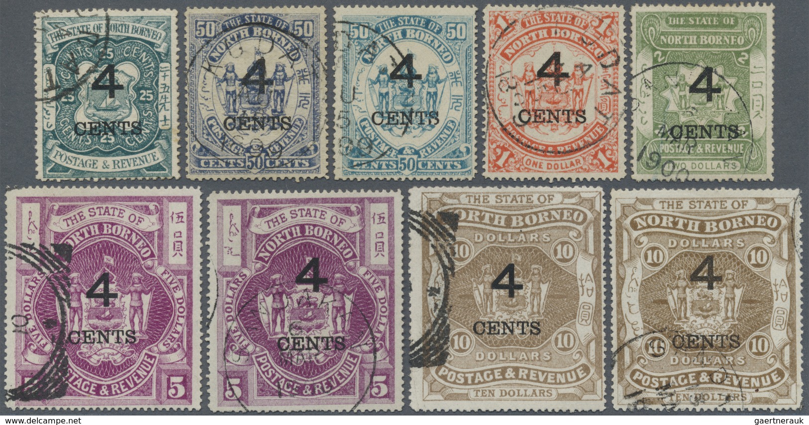 O Nordborneo: 1899, Pictorial And Coat Of Arms Definitives Set Of 15 Surcharged '4 CENTS' Incl. 50c. B - North Borneo (...-1963)