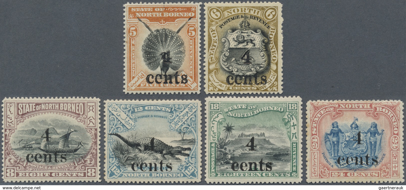 * Nordborneo: 1904/1905, Pictorial And Coat Of Arms Definitives Surcharged Locally '4 Cents' Complete - North Borneo (...-1963)