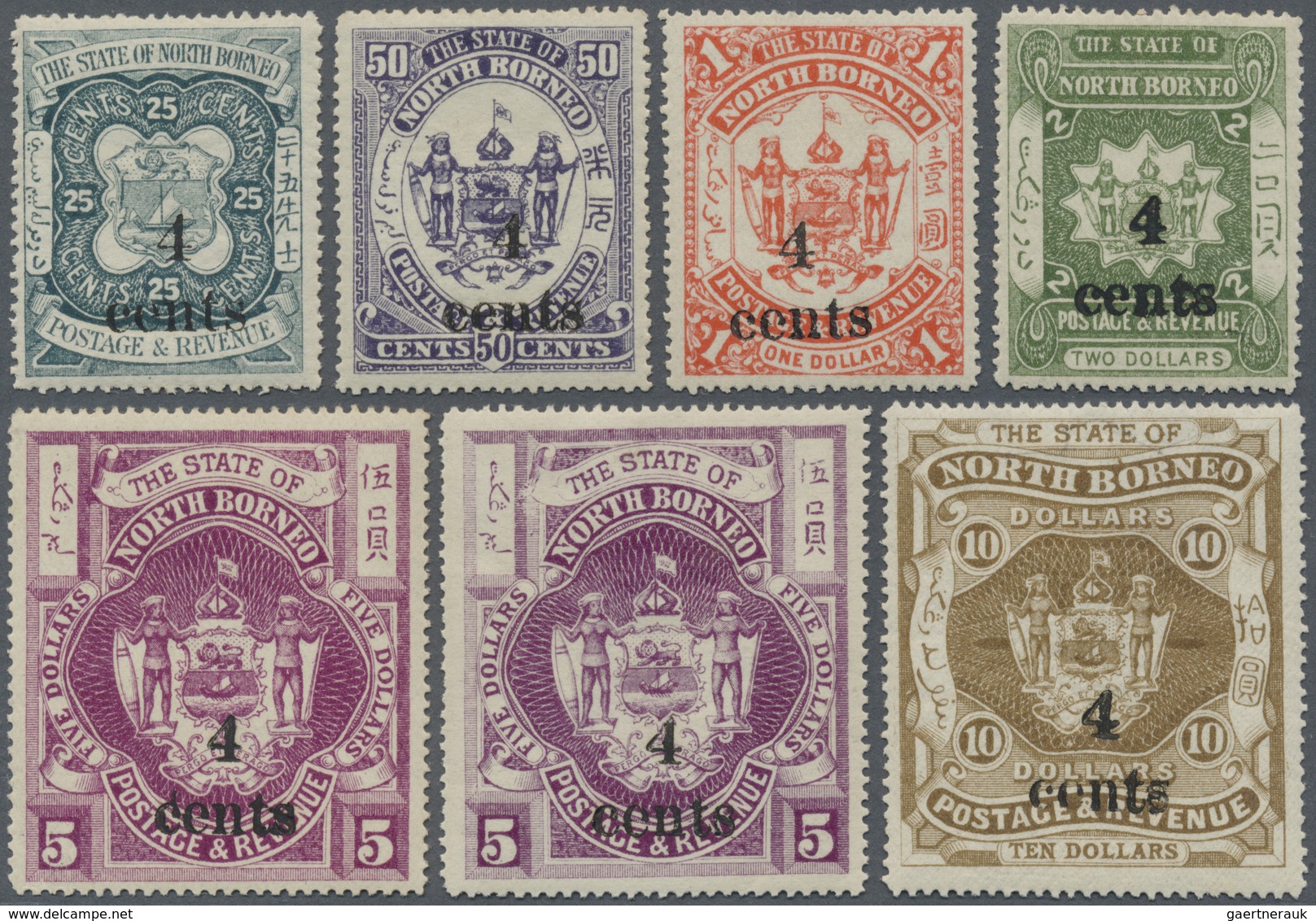 * Nordborneo: 1904/1905, Pictorial And Coat Of Arms Definitives Surcharged Locally '4 Cents' Complete - North Borneo (...-1963)