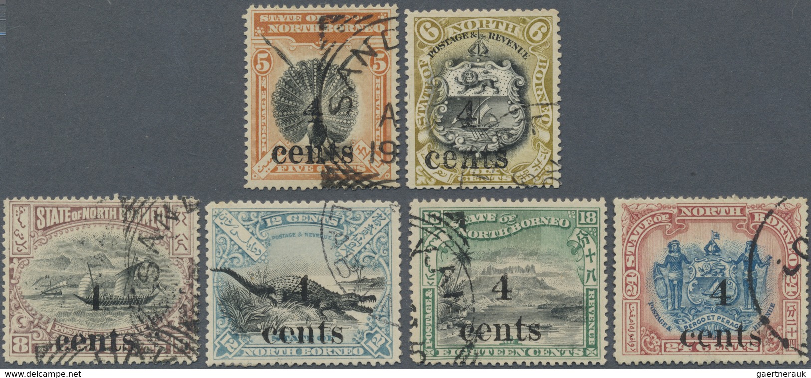 O Nordborneo: 1904/1905, Pictorial And Coat Of Arms Definitives Surcharged Locally '4 Cents' Complete - North Borneo (...-1963)