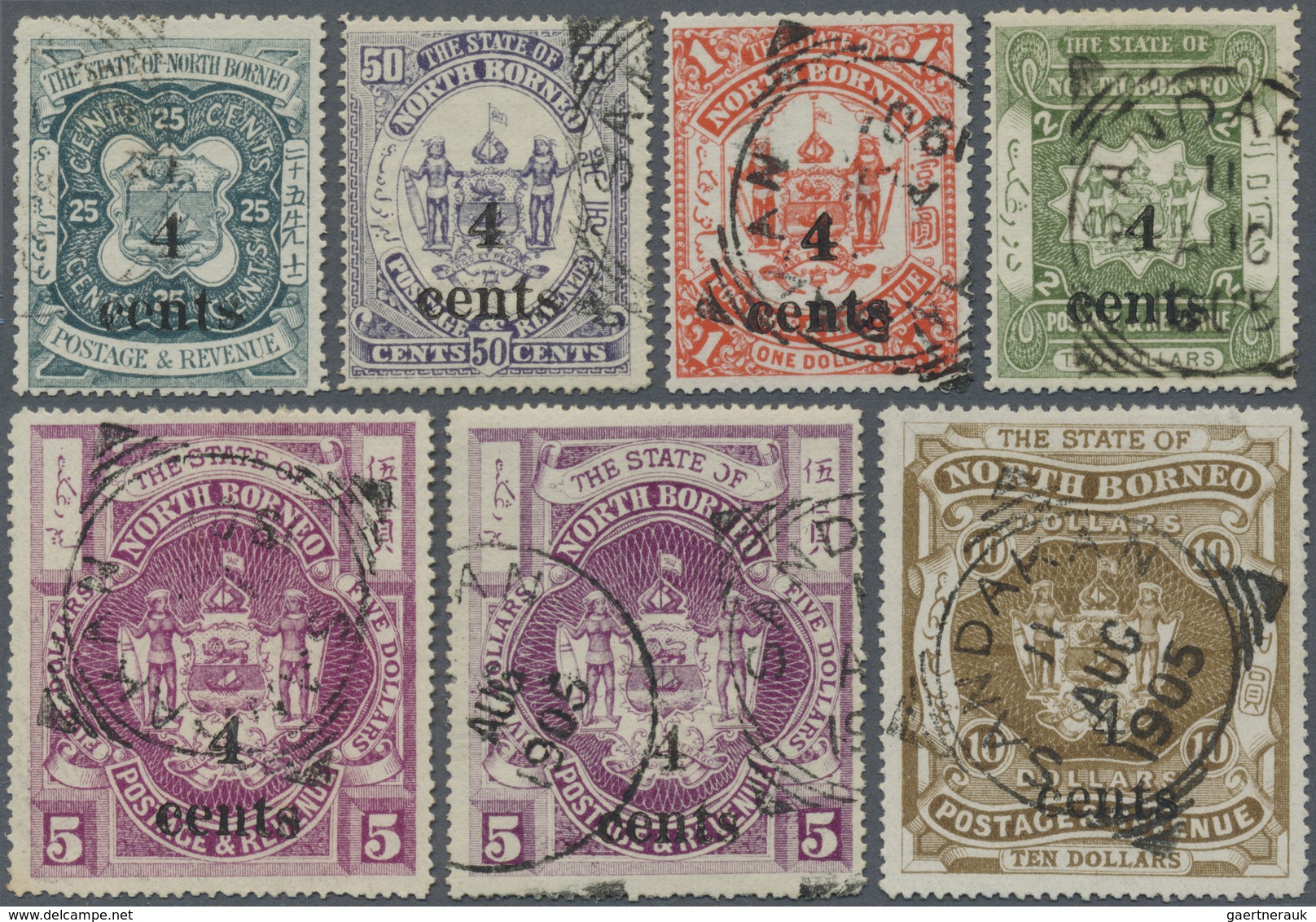 O Nordborneo: 1904/1905, Pictorial And Coat Of Arms Definitives Surcharged Locally '4 Cents' Complete - North Borneo (...-1963)