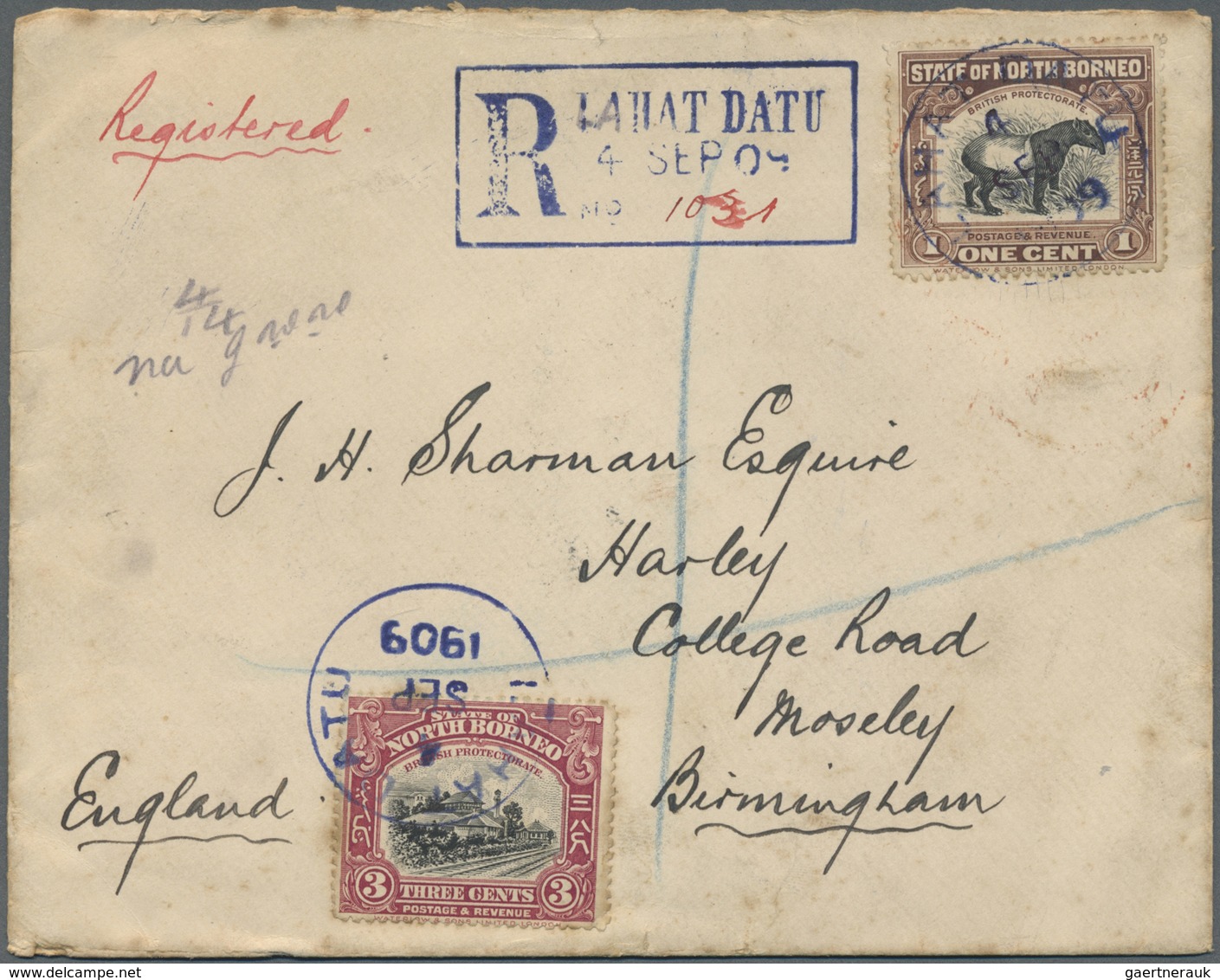 Br Nordborneo: 1909. Registered Envelope Addressed To England Bearing SG 158, 1c Chocolate, SG 160, 2c - North Borneo (...-1963)