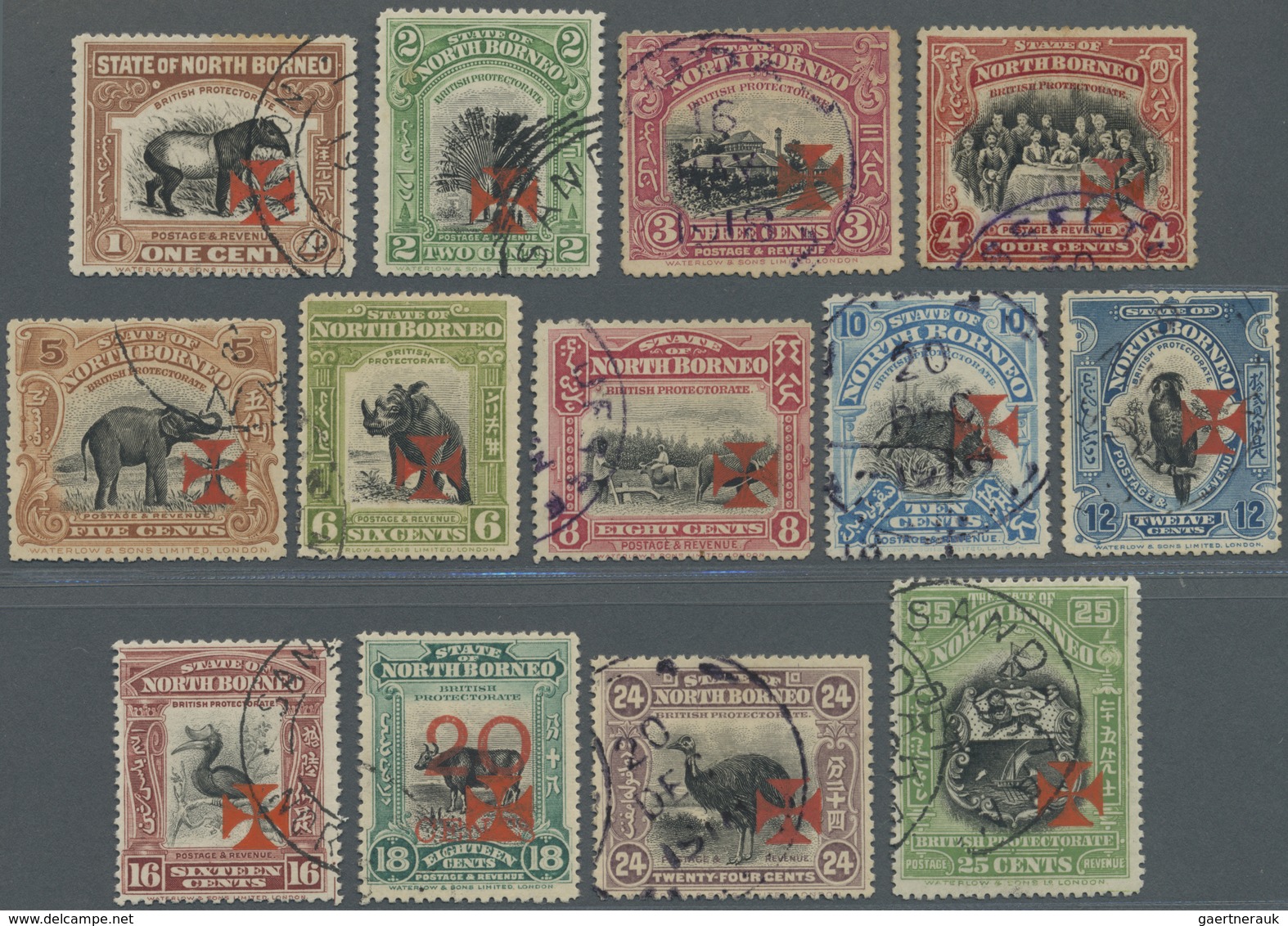 O Nordborneo: 1916, Pictorial Definitives With CROSS Opt. In Vermilion (thick Shiny Ink) Complete Set - North Borneo (...-1963)