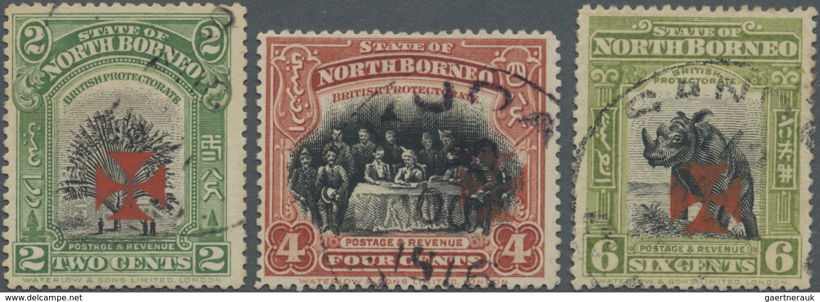 O Nordborneo: 1916, Pictorial Definitives With CROSS Opt. In Vermilion Three Values Incl. 2c., 4c. And - Noord Borneo (...-1963)