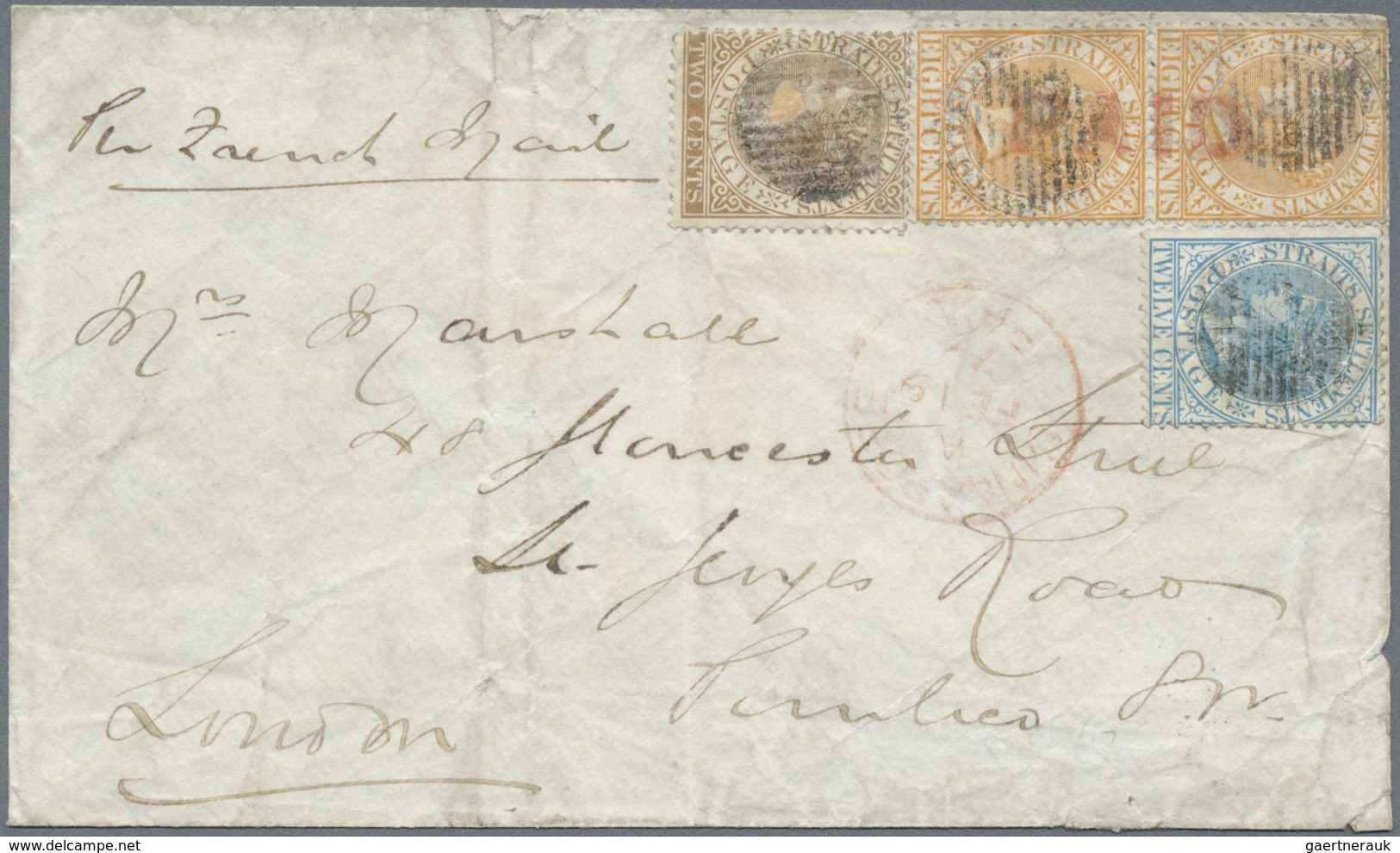 Br Singapur: 1874 Cover From Singapore To London Franked By Straits 1867 2c. Brown, 8c. Orange Vertical - Singapore (...-1959)