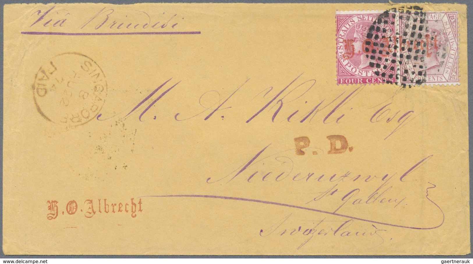 Br Singapur: 1874 Cover From Singapore To Niederuzwyl, Switzerland 'Via Brindisi', Franked By Straits S - Singapore (...-1959)