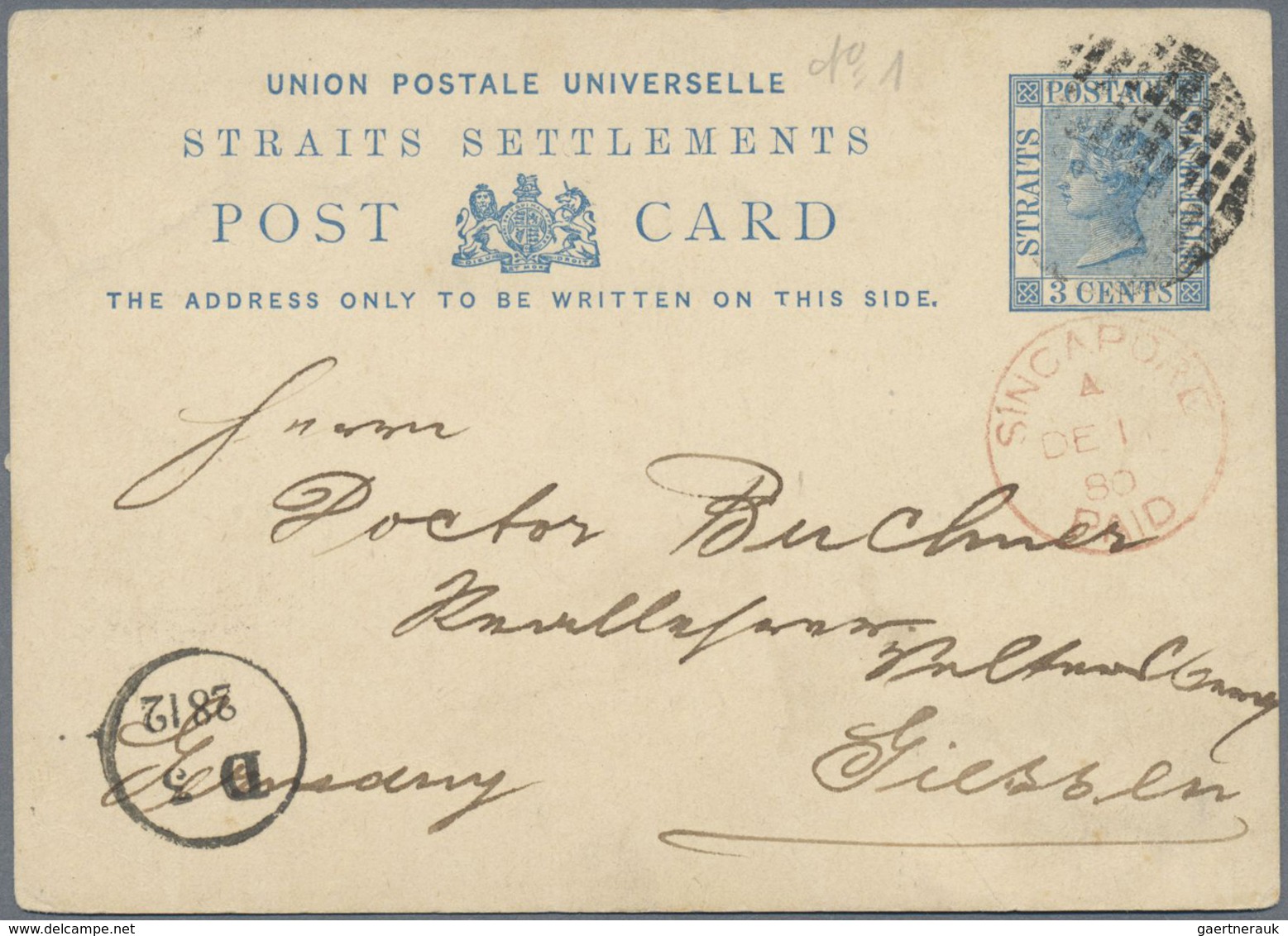 GA Singapur: 1880 Postal Stationery Card 3c. Blue Of Straits Settlements Used From Singapore To Giessen - Singapore (...-1959)