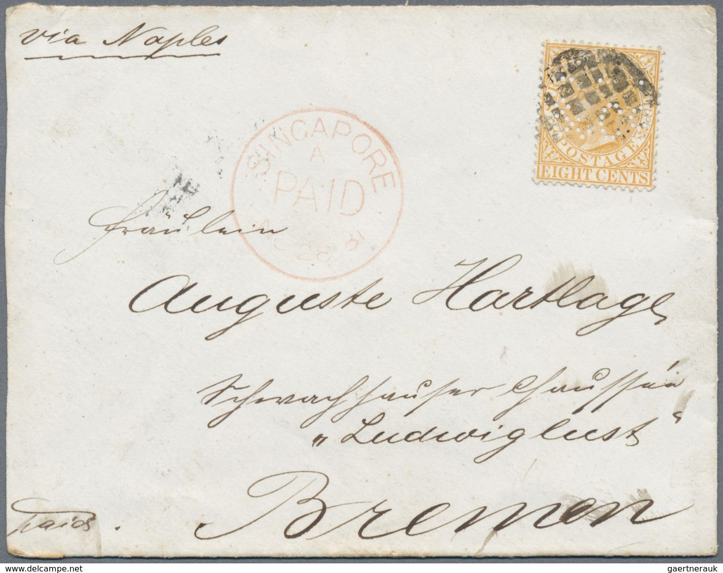 Br Singapur: 1881 Cover From Singapore To Bremen, Germany 'via Naples' Franked By 1867 8c. Orange With - Singapore (...-1959)