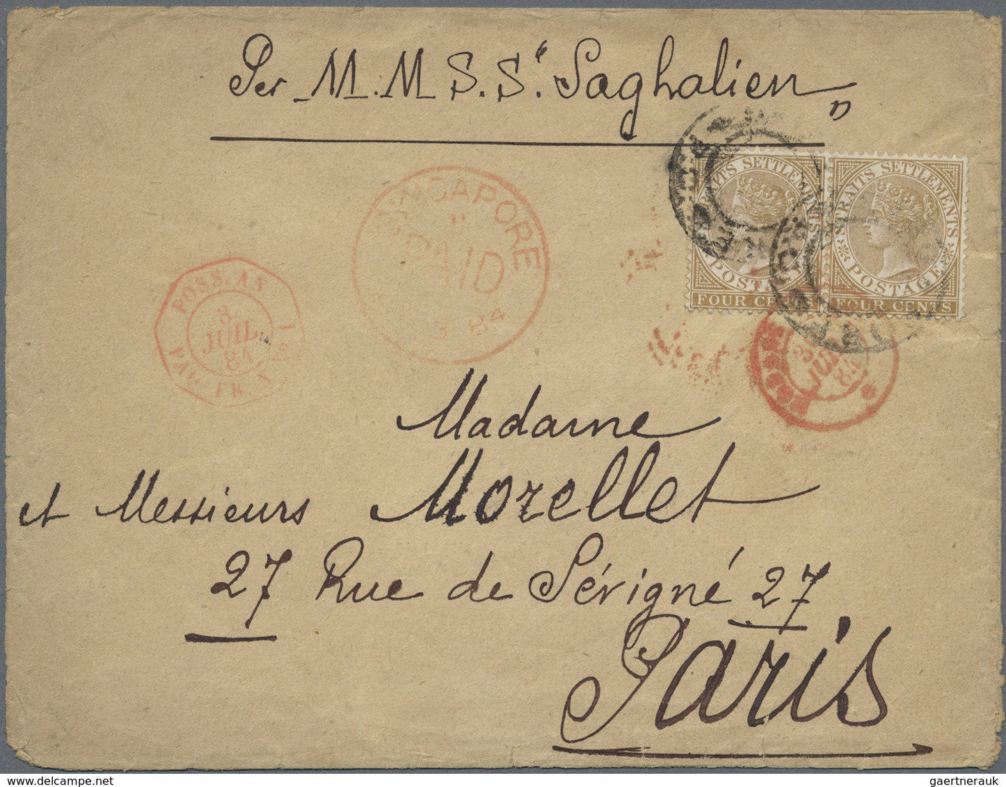 Br Singapur: 1884 Cover From Singapore To Paris 'Per M.M.S.S. "Saghalien", Franked By Straits Settlemen - Singapore (...-1959)