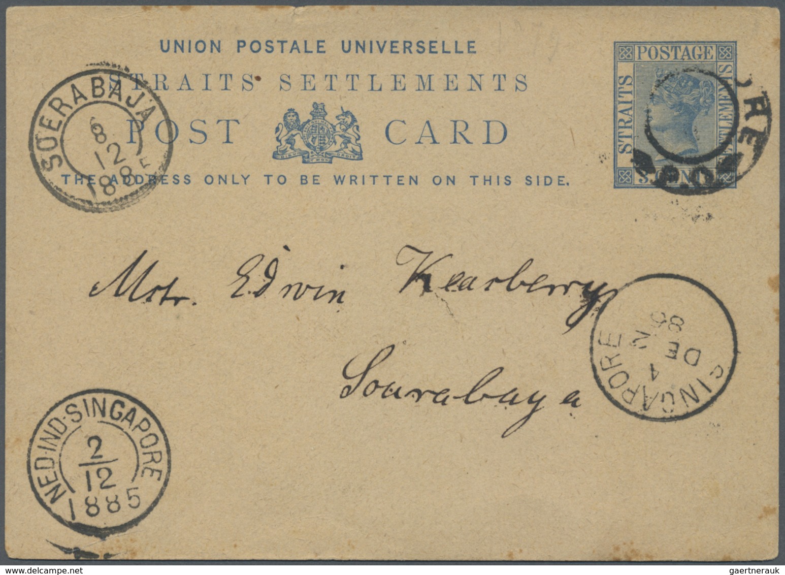 GA Singapur: 1885. Straits Settlement Postal Stationery Card 3c Blue Cnacelled By Singapore/P.O. Double - Singapore (...-1959)