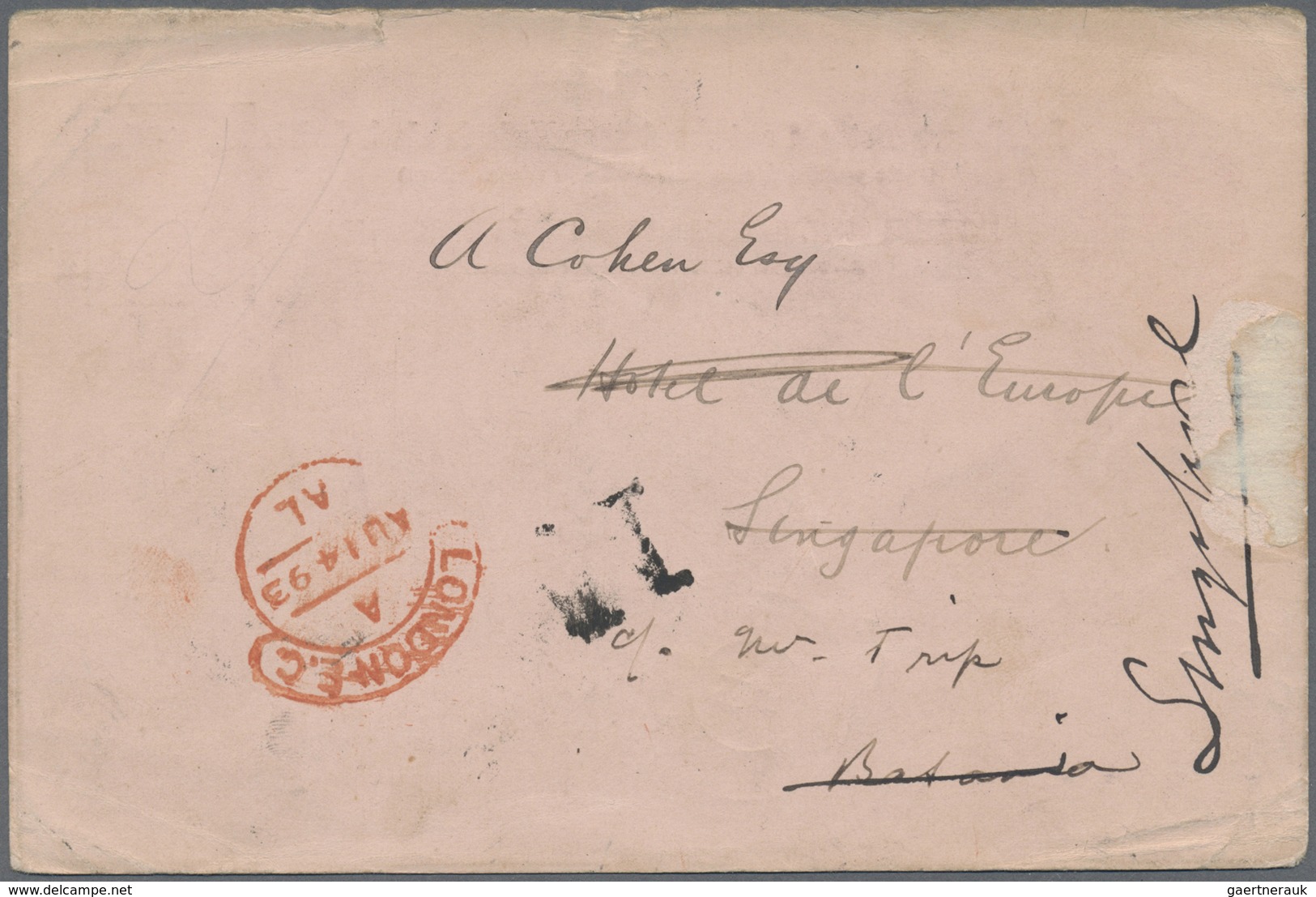 GA Singapur: 1893, Dutch East India 7 1/2 C Rose Postal Stationery Reply Card, Returned From SINGAPORE, - Singapore (...-1959)