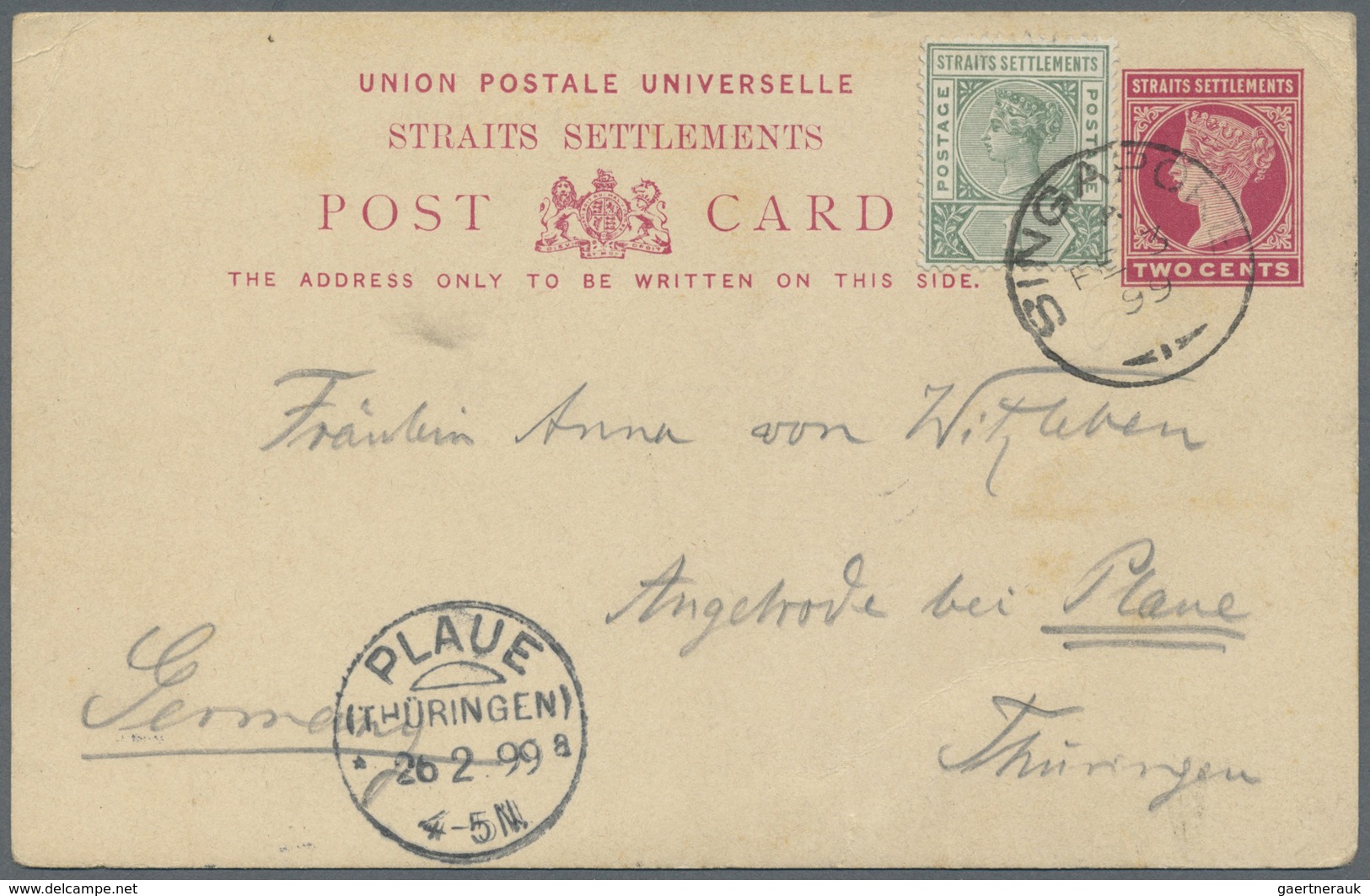 GA Singapur: 1898, Card QV 2 C. Uprated QV 1 C. Tied "SINGAPORE A FE 3 99" To Germany W. Arrival "PLAUE - Singapore (...-1959)