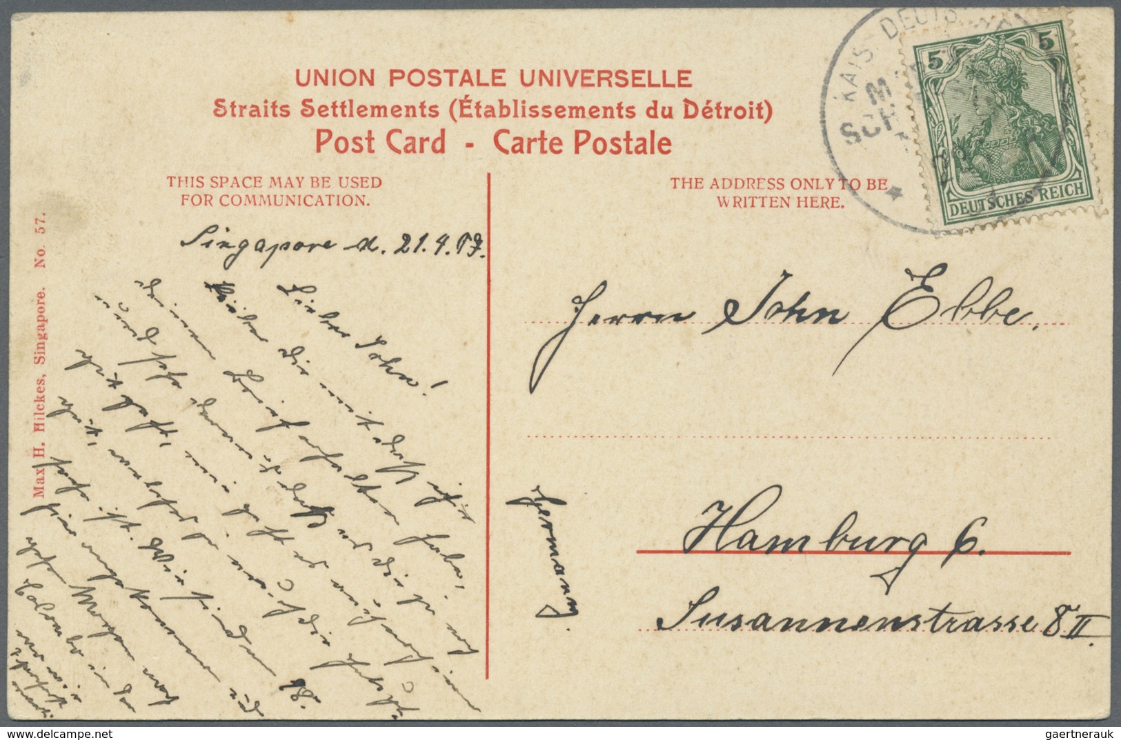 Singapur: 1907, Germany 5 Pf. Tied "Imp. German Navy Mails No. 43 22 9 07" To Ppc (Singapore South B - Singapore (...-1959)