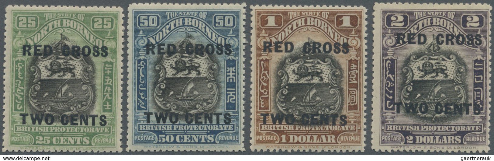 * Nordborneo: 1918, Coat Of Arms Definitives Four Stamps 25c. To $2 Optd. 'RED CROSS TWO CENTS' All Wi - North Borneo (...-1963)