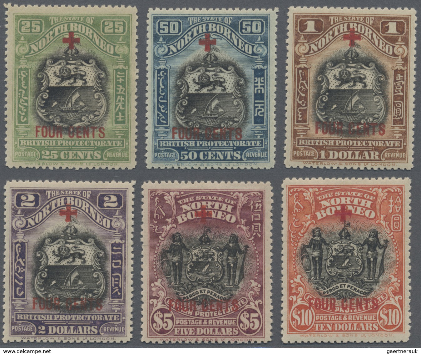 * Nordborneo: 1918, Pictorial And Coat Of Arms Definitives With Opt. Of A Red Cross And 'FOUR CENTS' C - Noord Borneo (...-1963)