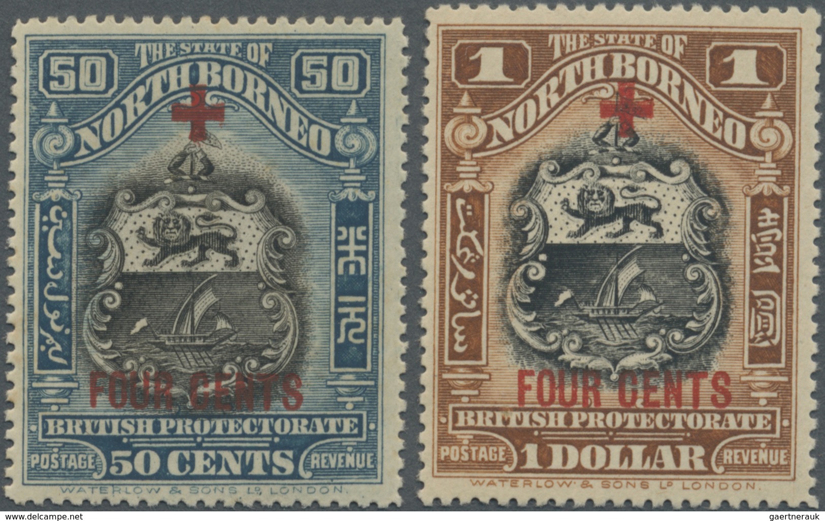 * Nordborneo: 1918, Coat Of Arms Definitives 50c. And $1 With Opt. Of A Red Cross And 'FOUR CENTS' Bot - North Borneo (...-1963)