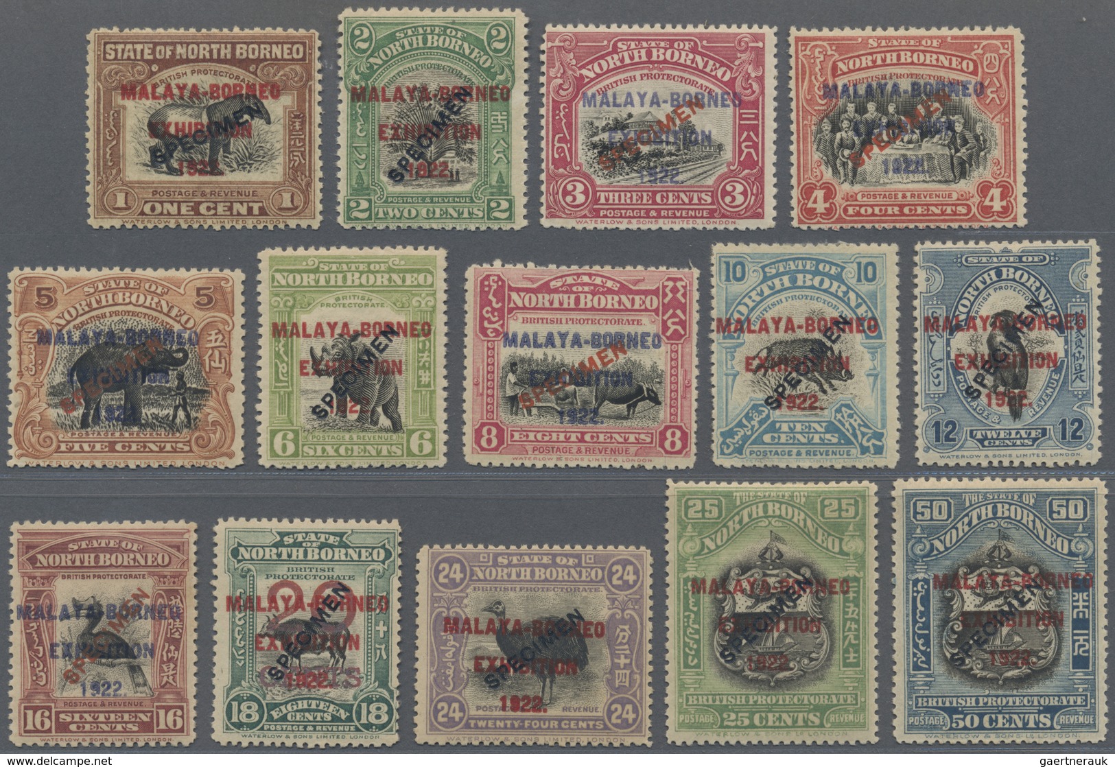 * Nordborneo: 1922, Malaya-Borneo Exhibition Complete Set Of 14 With Diagonal Red Or Black SPECIMEN Op - North Borneo (...-1963)