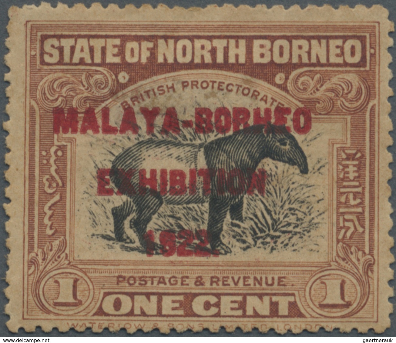 * Nordborneo: 1922, Malaya-Borneo Exhibition 1c. 'Malayan Tapir' Perf. 14½-15 With Opt. Variety 'BORHE - North Borneo (...-1963)