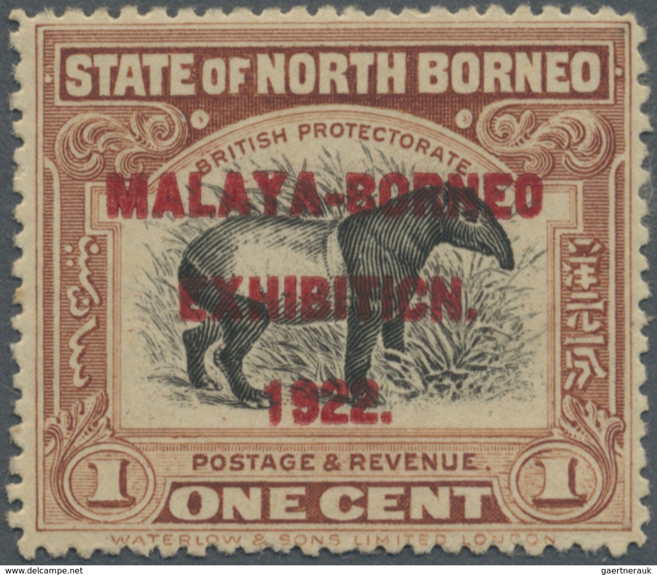 * Nordborneo: 1922, Malaya-Borneo Exhibition 1c. 'Malayan Tapir' Perf. 14½-15 With Opt. Variety 'EXHIB - Noord Borneo (...-1963)