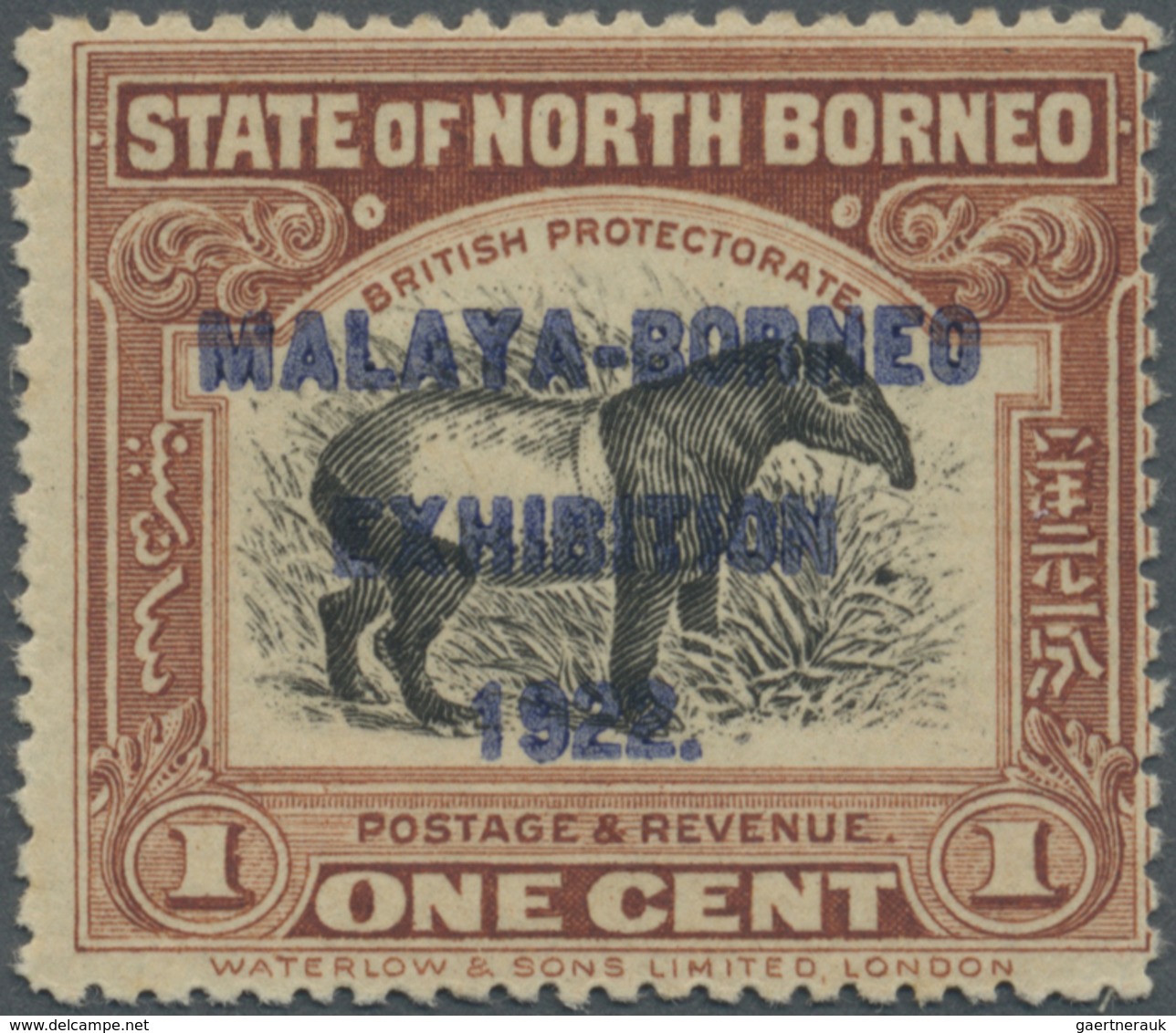 * Nordborneo: 1922, Malaya-Borneo Exhibition 1c. 'Malayan Tapir' With BLUE Opt. 'MALAYA-BORNEO EXHIBIT - North Borneo (...-1963)
