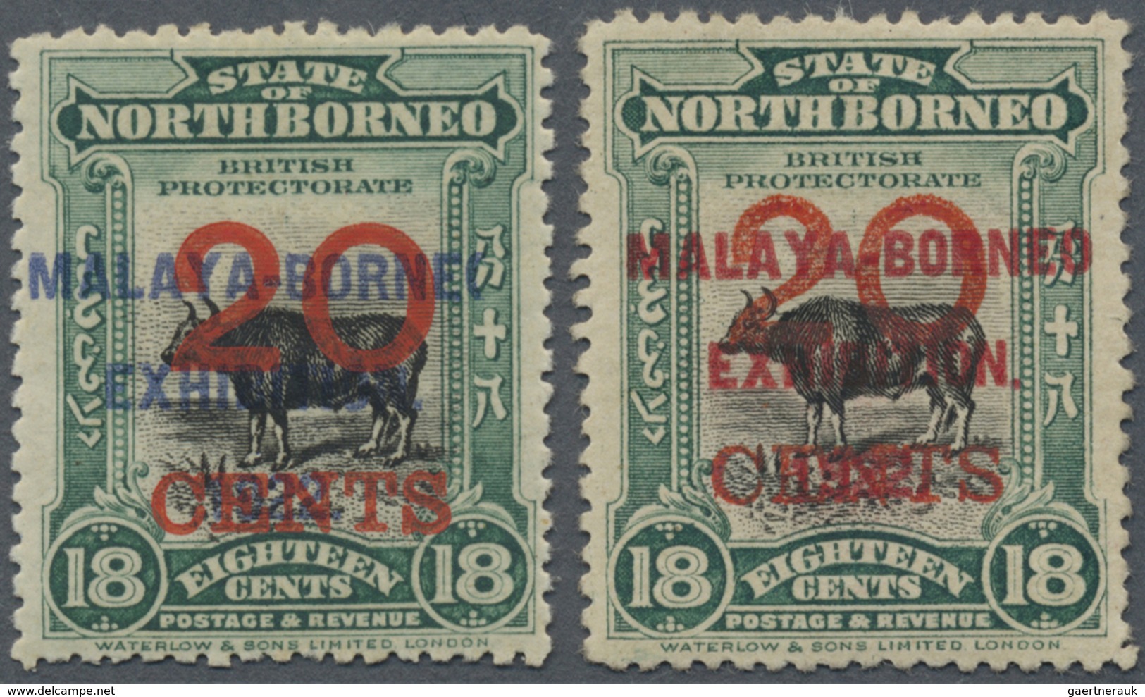 * Nordborneo: 1922, Malaya-Borneo Exhibition 20 On 18c. 'Banteng' With Blue Or Red Exhibition Opt. Bot - Noord Borneo (...-1963)