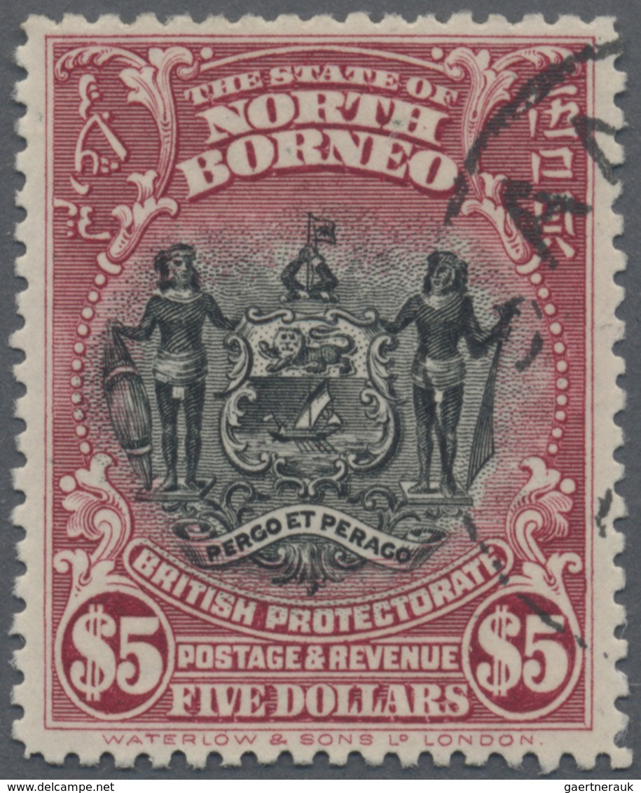 O Nordborneo: 1928, Coat Of Arms $5 Black And Lake With New Perforation 12½ Fine Used With Part Sandak - North Borneo (...-1963)