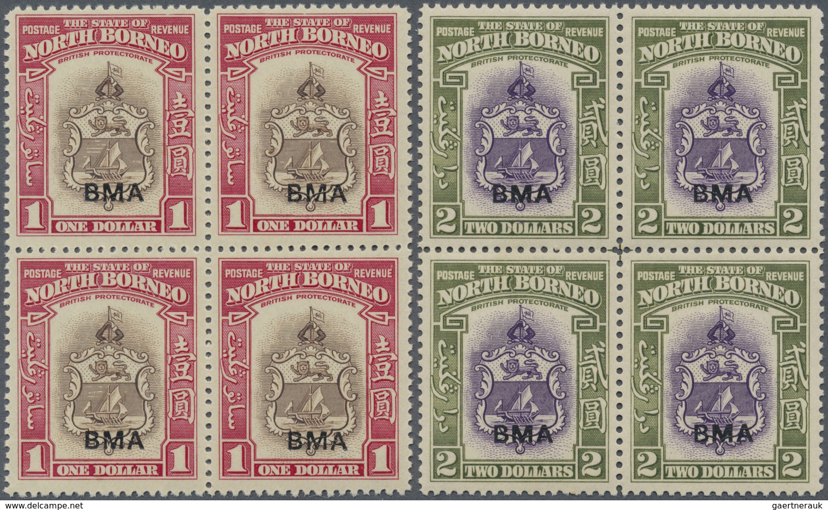 ** Nordborneo: 1945, Pictorial And Coat Of Arms Definitives With Opt. 'BMA' Complete Set In Blocks Of F - North Borneo (...-1963)