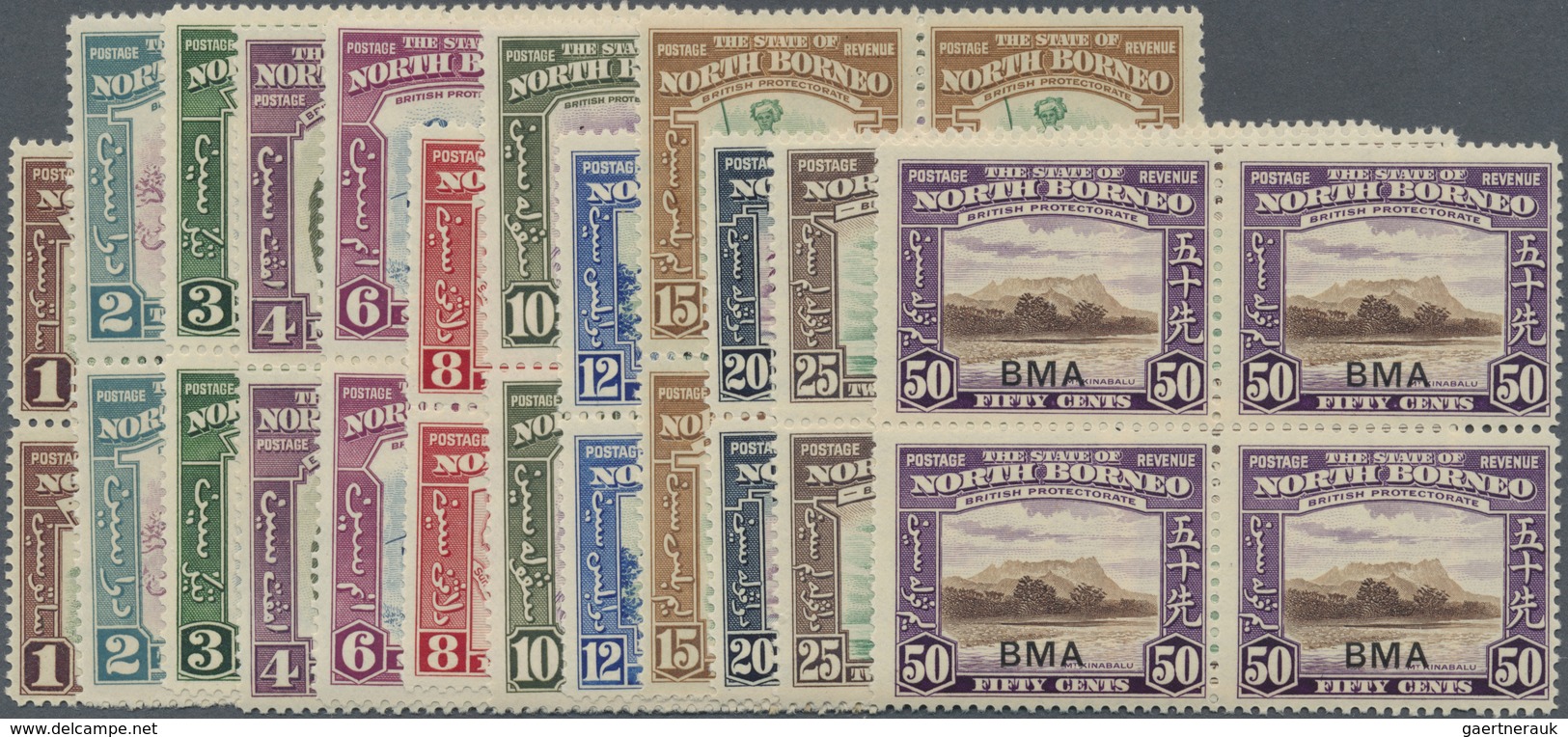 ** Nordborneo: 1945, Pictorial And Coat Of Arms Definitives With Opt. 'BMA' Complete Set In Blocks Of F - North Borneo (...-1963)