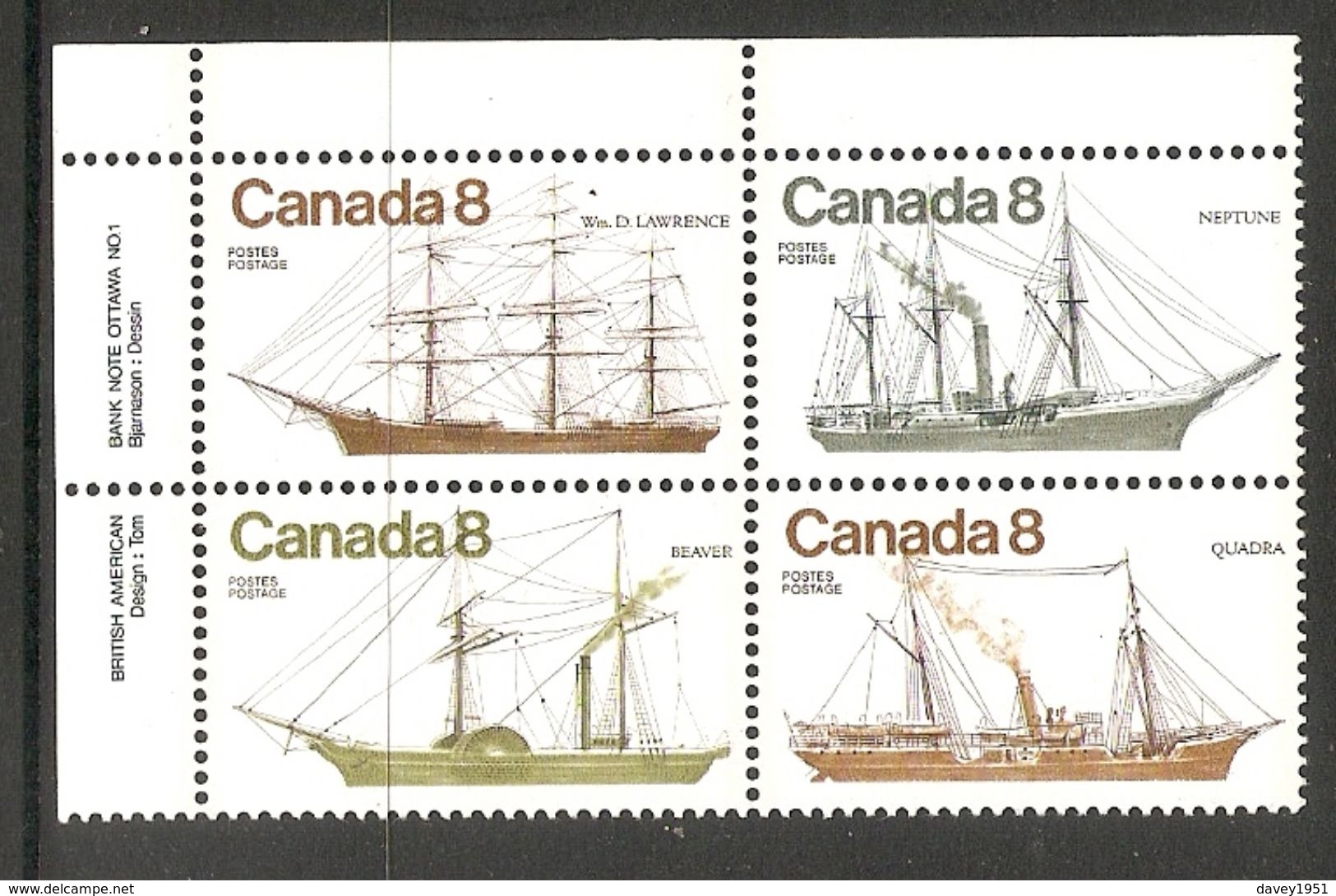 006358 Canada 1975 Ships 8c Plate Block 1 UL MNH - Plate Number & Inscriptions