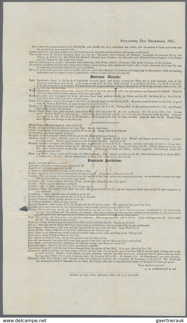 Br Singapur: 1857. Stampless Printed Circular Written From Singapore Dated '21st Dec 1857' Addressed To - Singapore (...-1959)