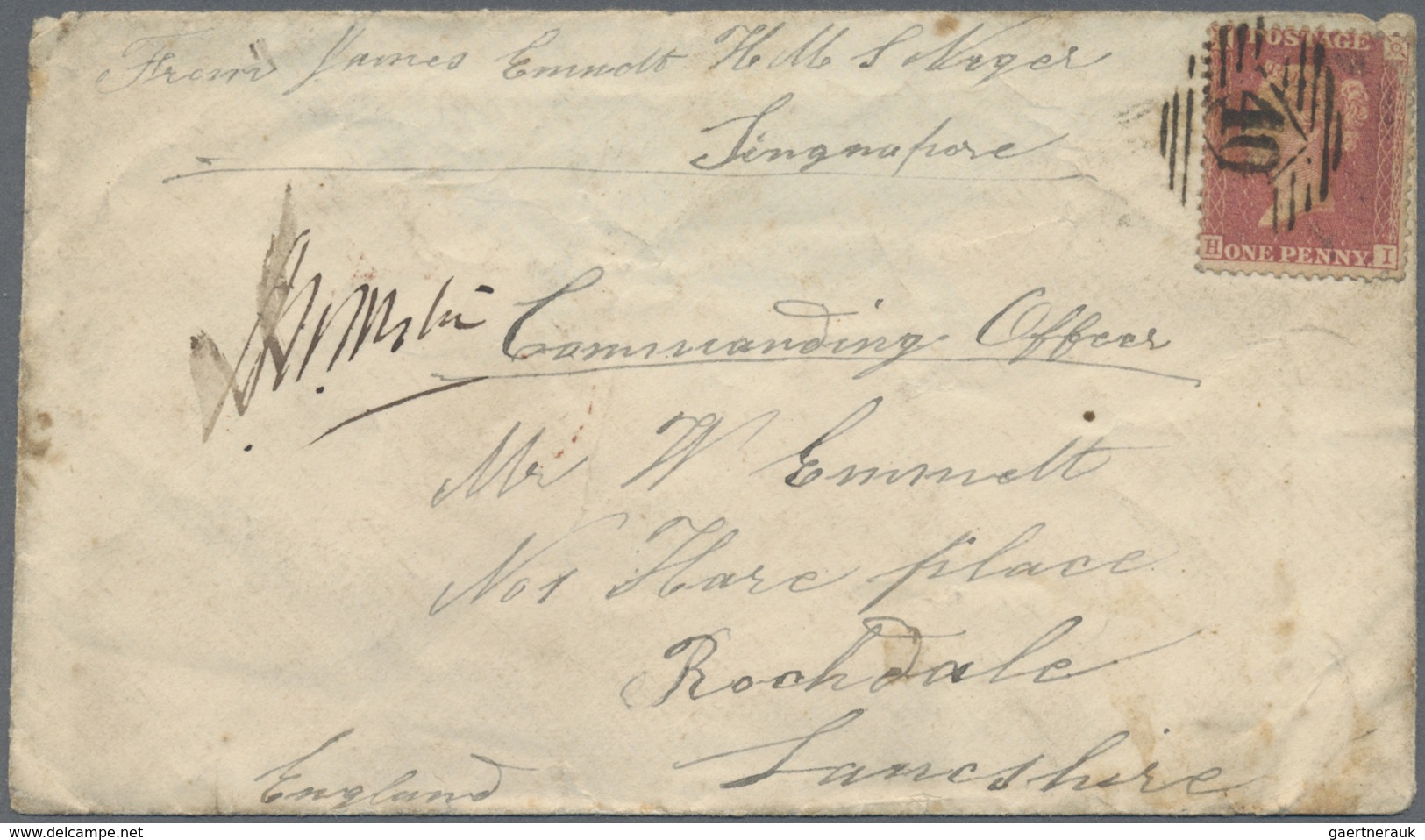 Br Singapur: 1858, Great Britain 1 D. Carmine With Numer "40" On Seaman Envelope With Handwritten Endor - Singapore (...-1959)