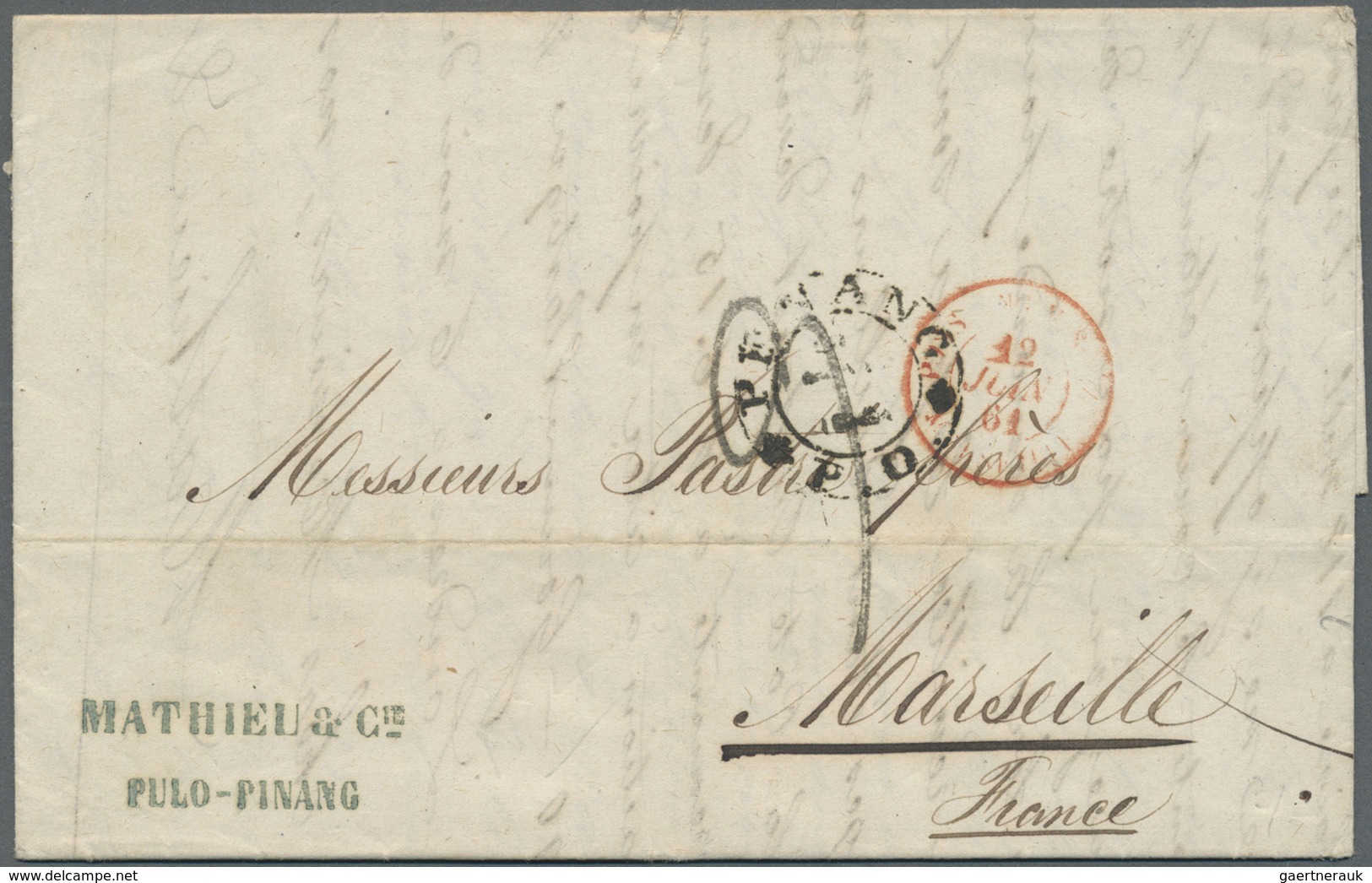 Br Singapur: 1862, Entire Folded Blue Letter ,stampless From "SINGAPORE 5 (MAY) 1862" Endorsed "Via Sue - Singapore (...-1959)