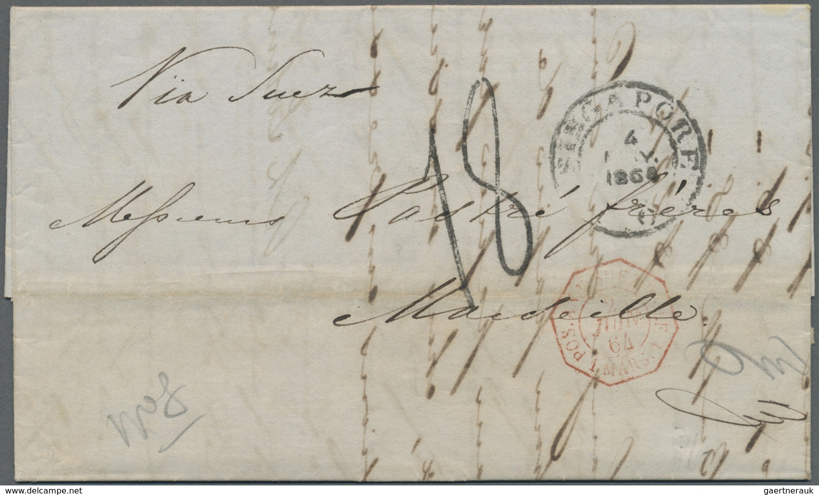 Br Singapur: 1864, Entire Folded Letter Stampless From "SINGAPORE 4 MAY 1864" Endorsed "Via Suez" To Ma - Singapore (...-1959)