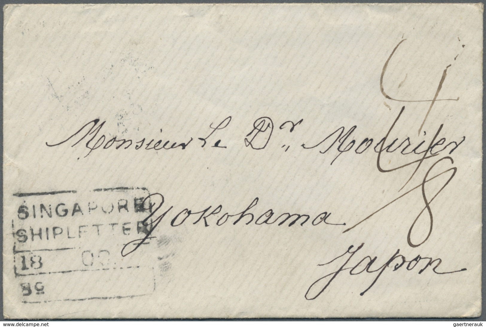 Br Singapur: 1865. Stampless Envelope Addressed To Yokohama, Japan Cancelled By Hong Kong/C Date Stamp - Singapore (...-1959)