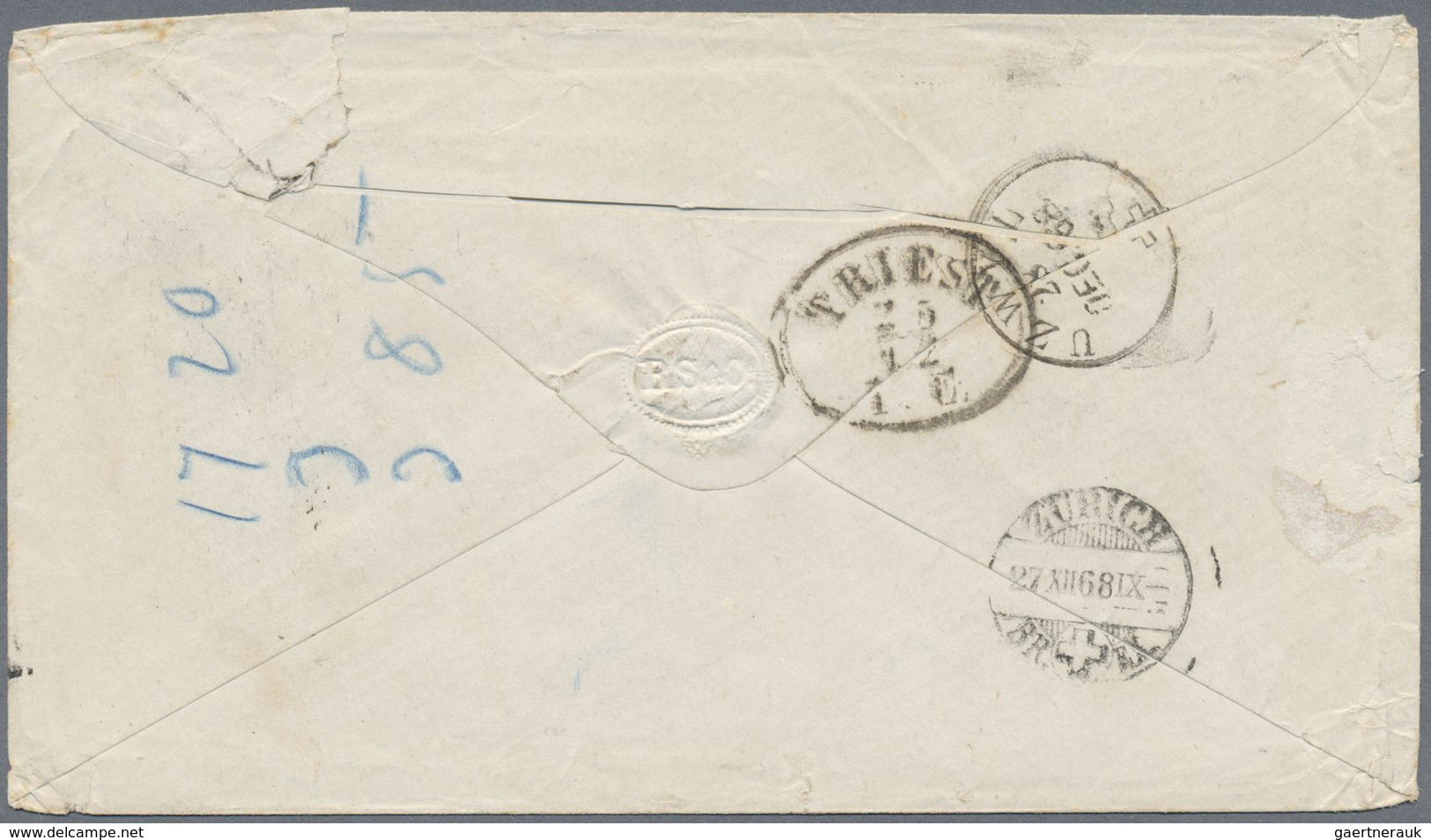 Br Singapur: 1868 Cover From Singapore To Niederuzwyl, Switzerland 'Via Trieste', Franked By Straits Se - Singapore (...-1959)